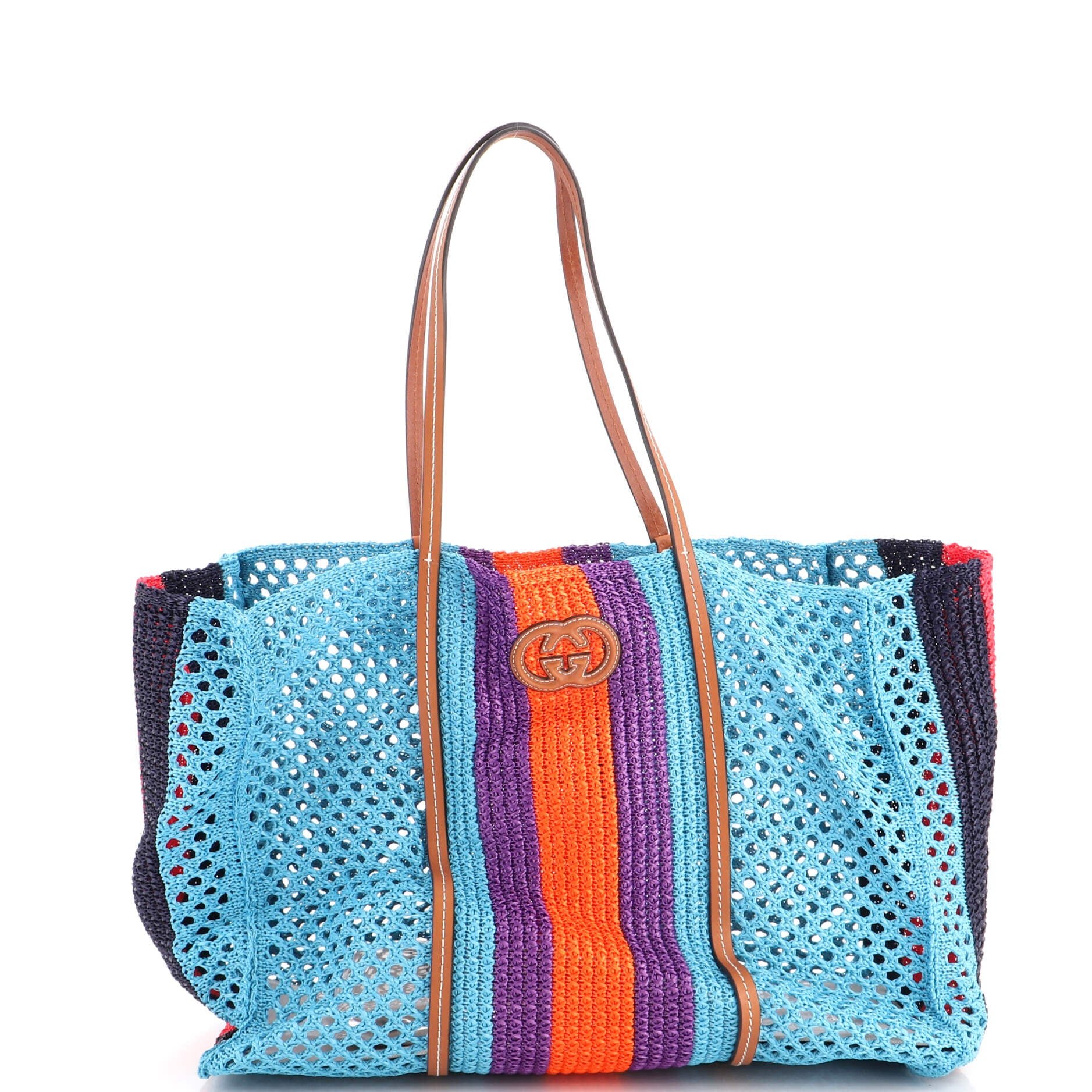 Interlocking G Web Tote Raffia with Leather Medium