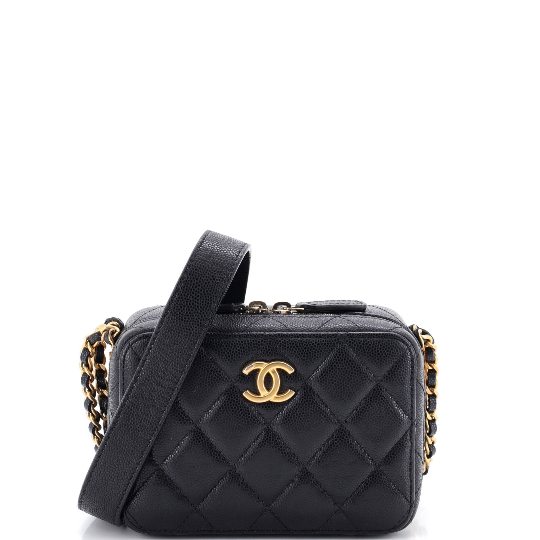 Twist Your Buttons Zip Around Vanity Case with Chain Quilted Caviar