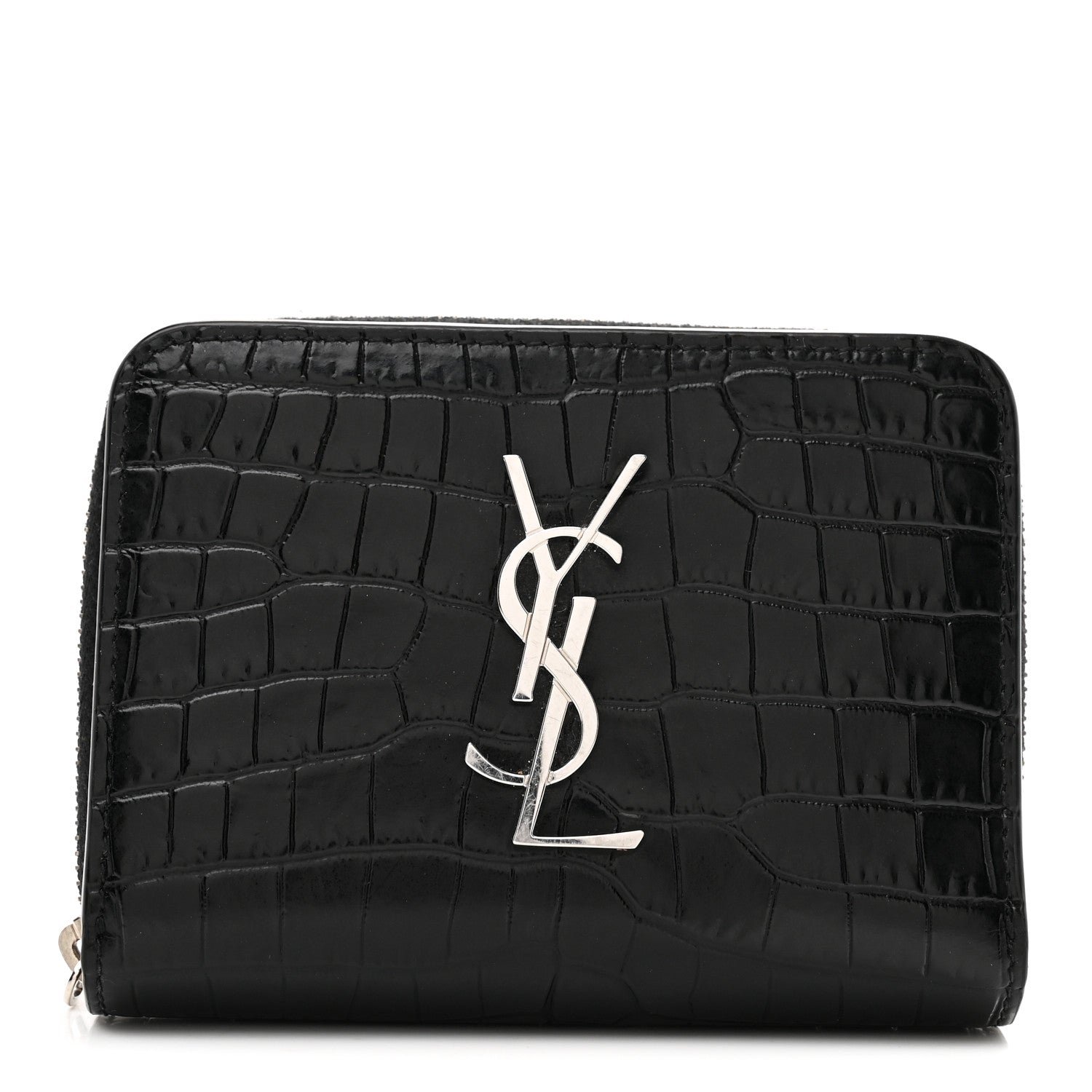 Saint Laurent Calfskin Crocodile Embossed Monogram Compact Wallet Black
