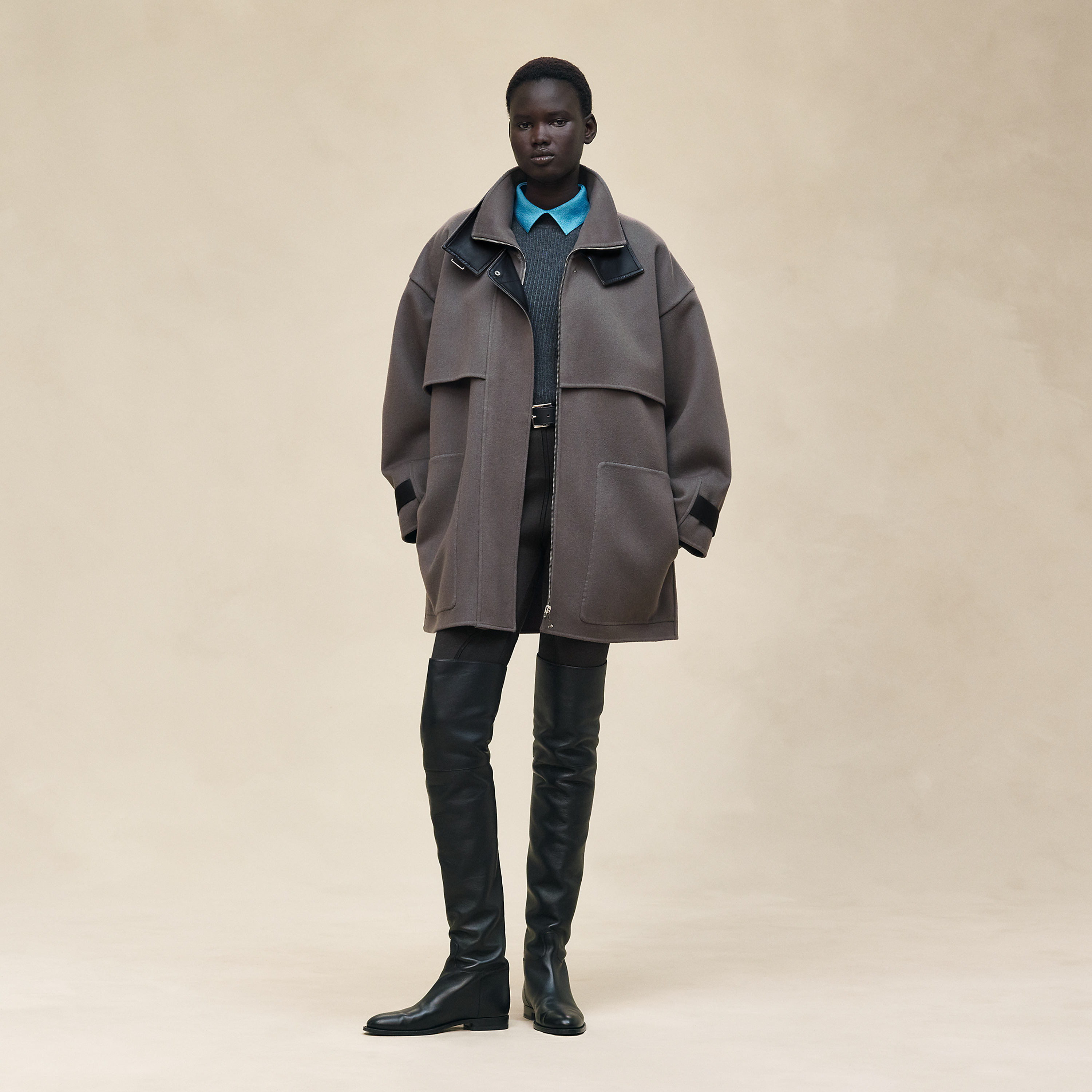 Manteau court mix cuir