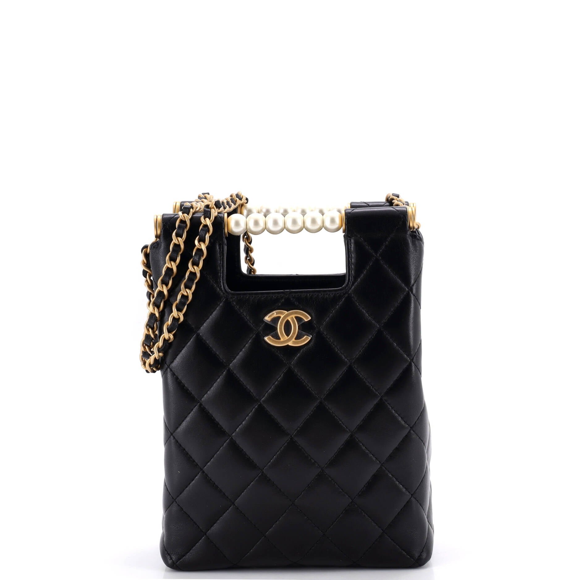 CC Pearls Bar Handle Box Bag Quilted Shiny Lambskin Mini