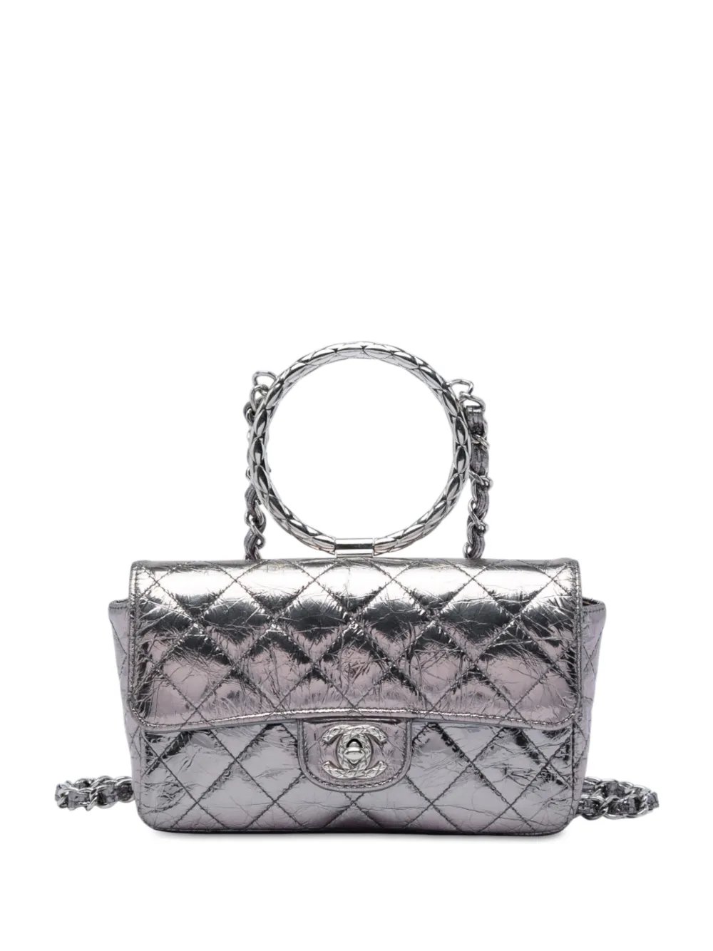 2020 Mini Quilted Metallic Crumpled Calfskin Ring Top Handle Flap satchel