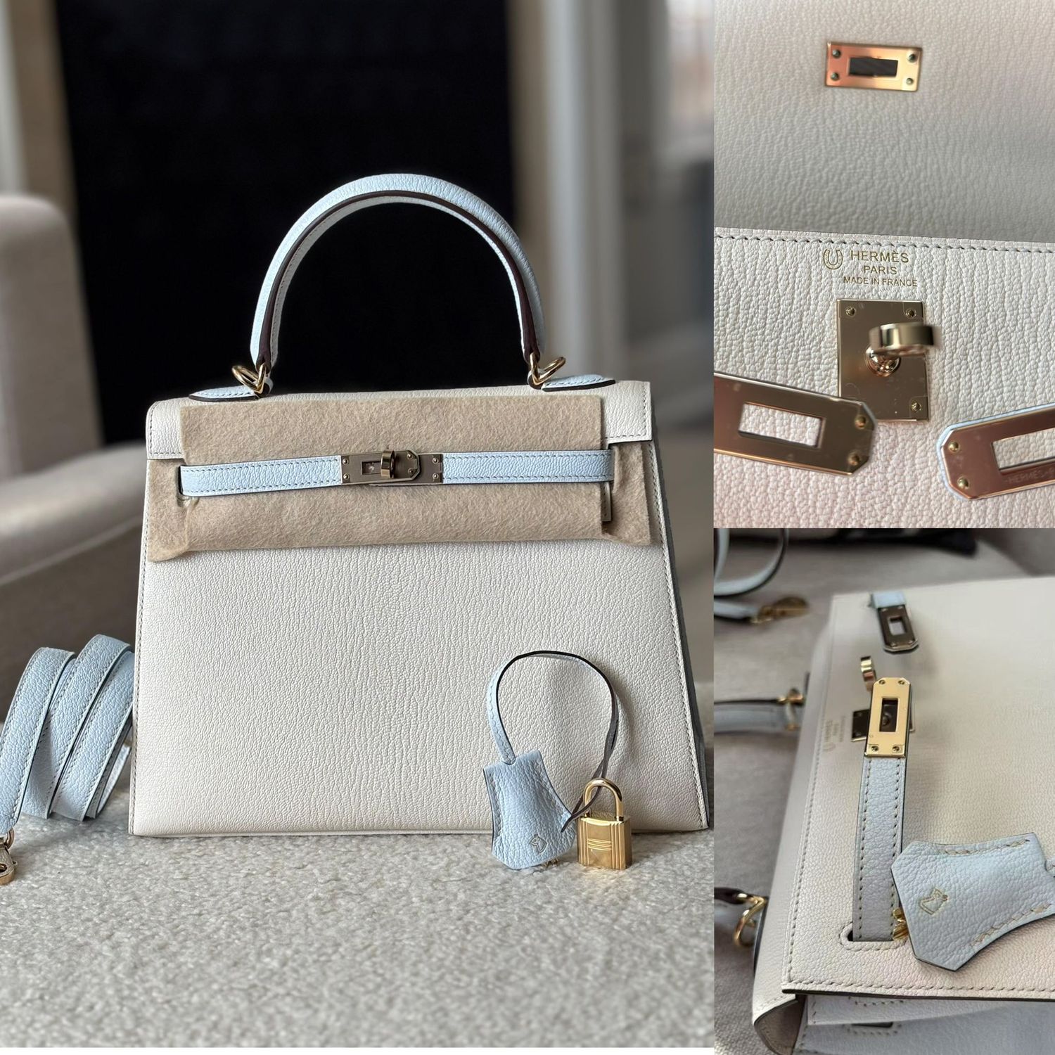 Hermes Hermes Kelly 25, Chevre Blue Brum / Nata Light Gold Hardware, B Stamp 2023, New in Box KJRB088