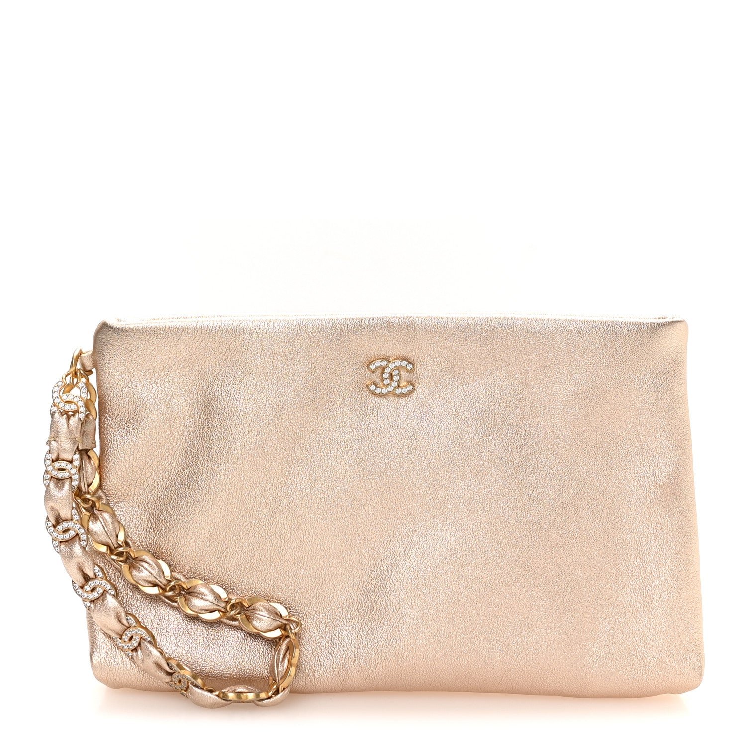 Chanel Metallic Calfskin Crystal CC Wristlet Clutch Gold