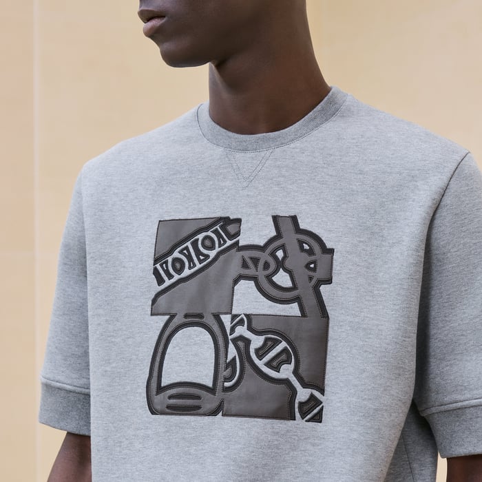 Gris "Metallerie Au Carre" T-shirt With Leather Detail