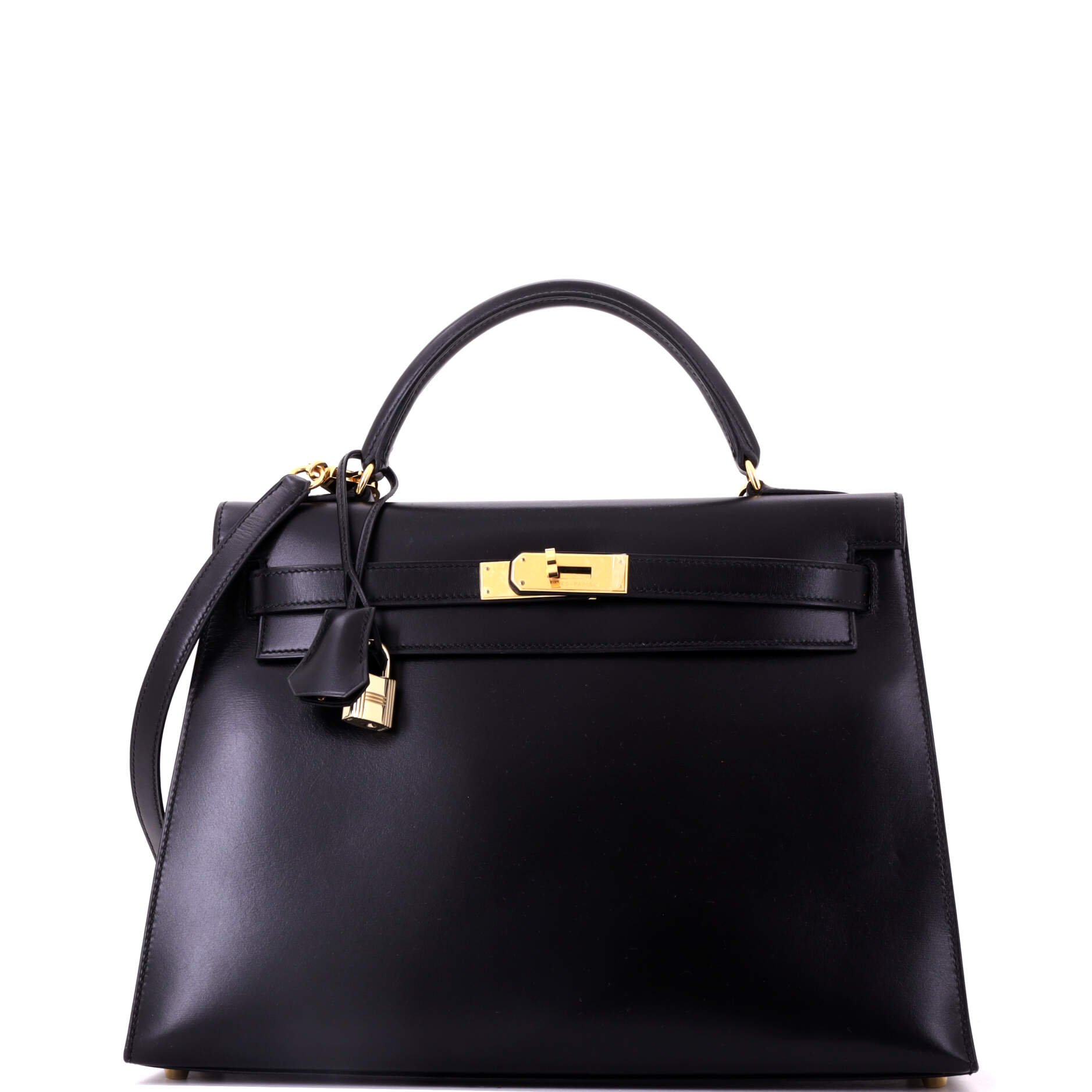 Kelly Handbag Noir Box Calf with Gold Hardware 32