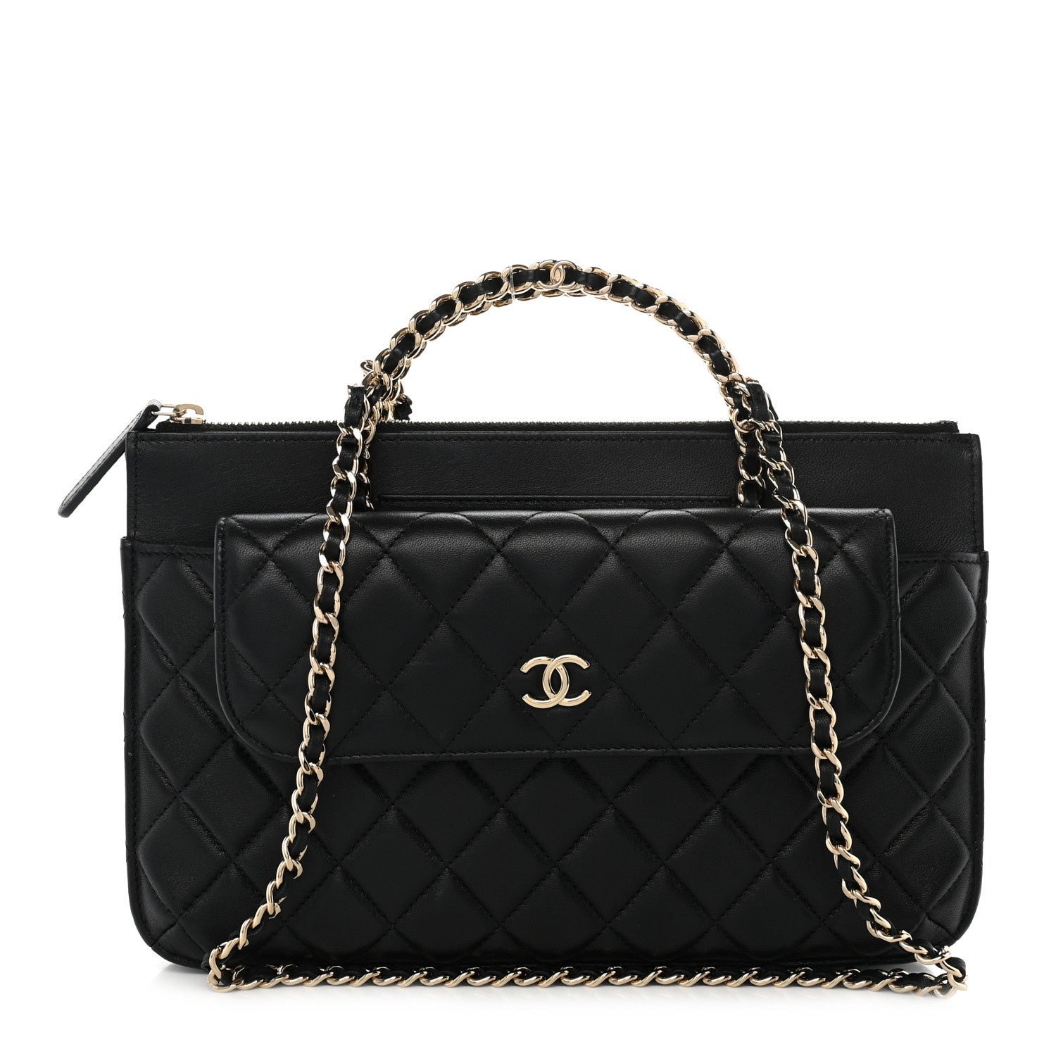 Chanel Lambskin Quilted Chain Top Handle Clutch With Chain Black