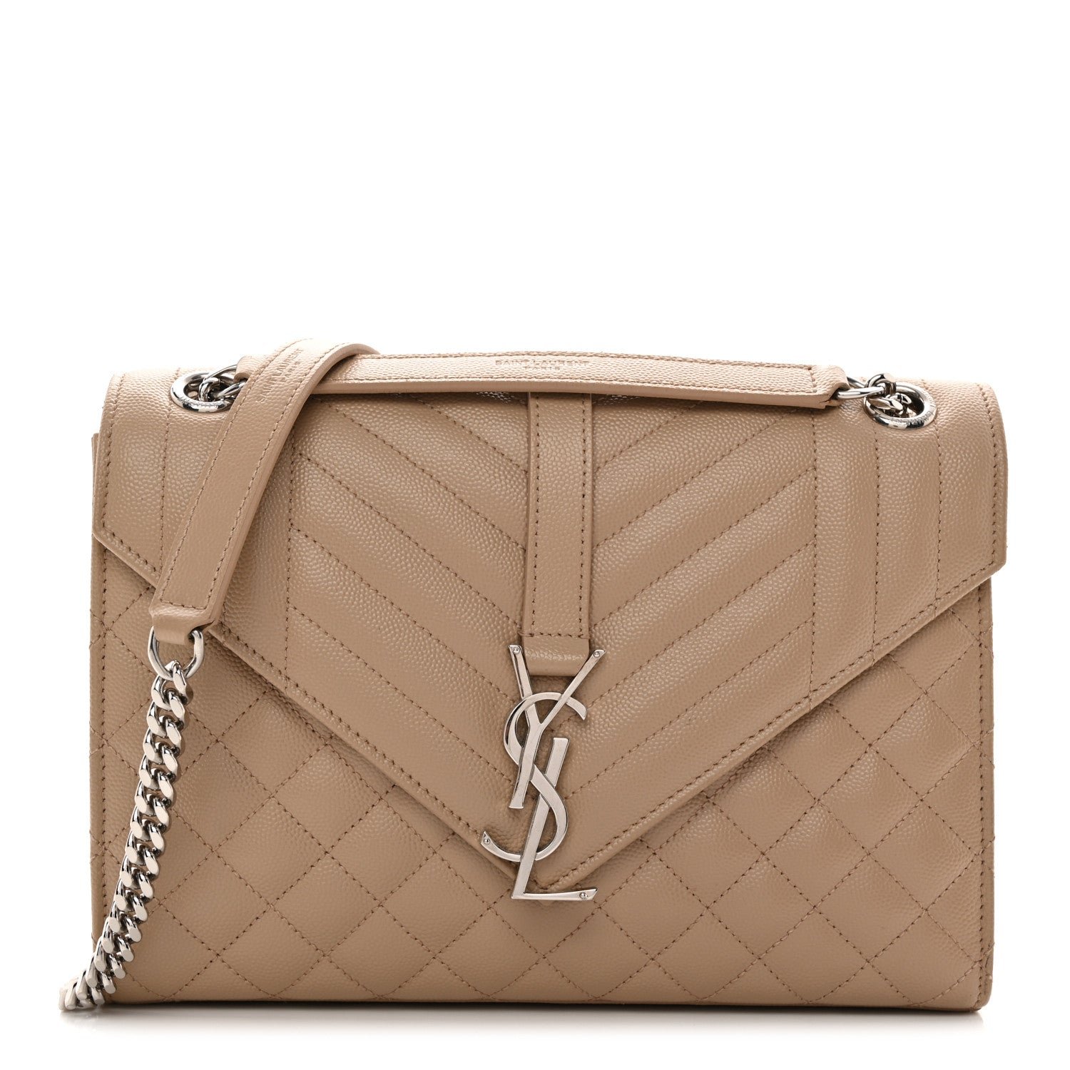 Saint Laurent Grain De Poudre Textured Mixed Matelasse Medium Triquilt Monogram Satchel Dark Beige