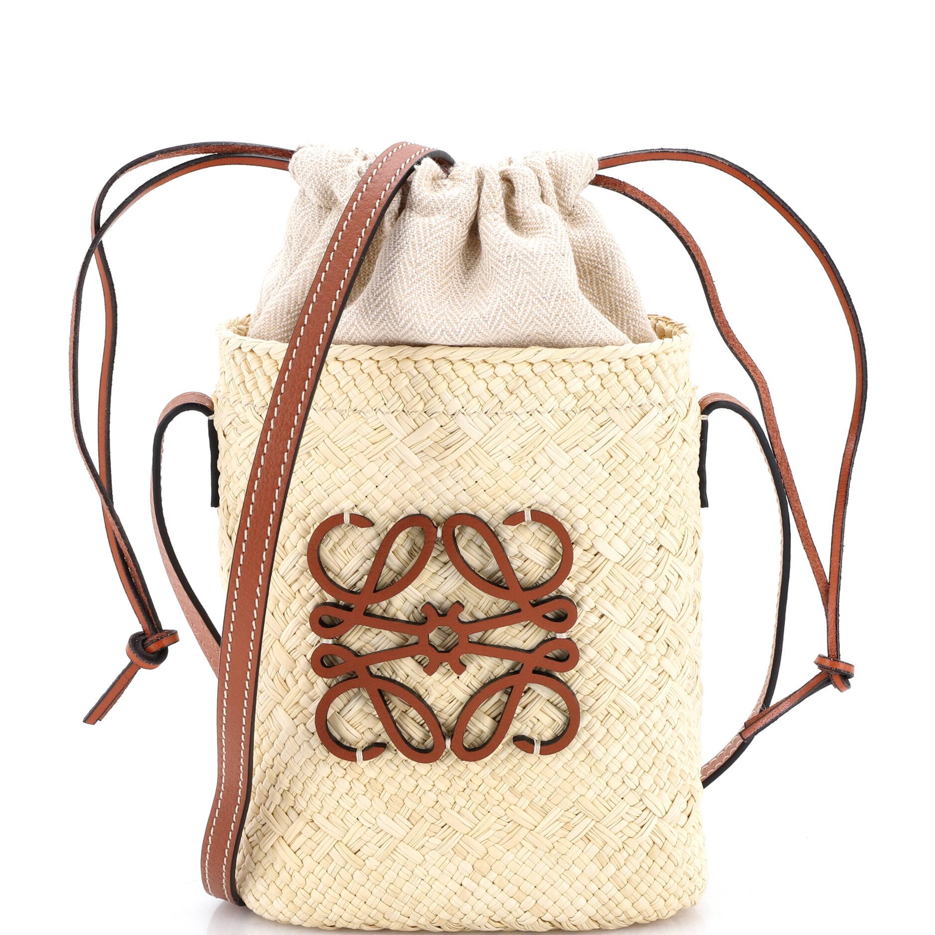 Loewe Paula&#39;s Ibiza Anagram Bucket Bag Woven Raffia with Leather
