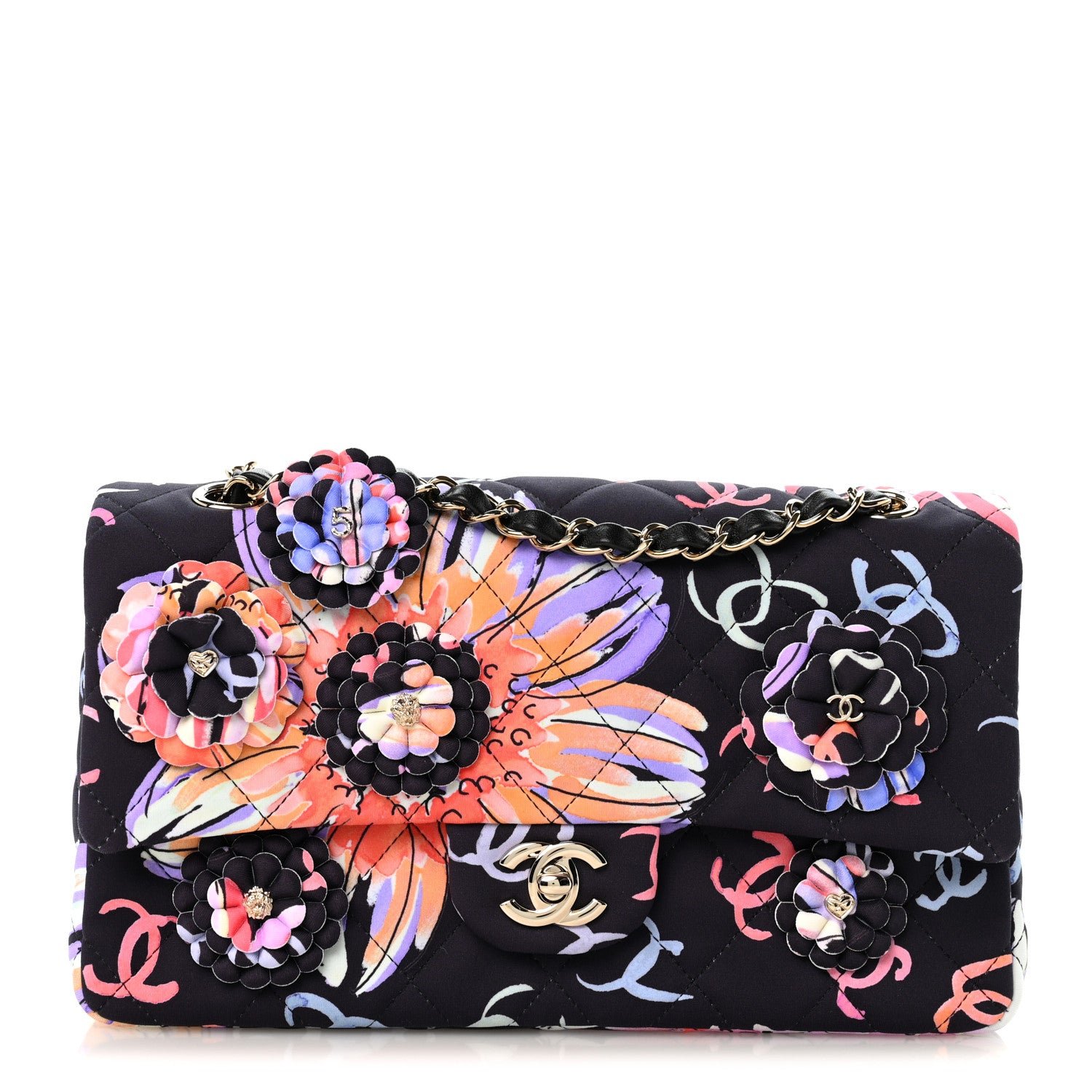 Chanel Printed Fabric Quilted Camellia Flap Black Multicolor