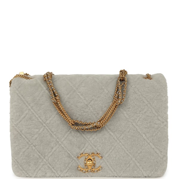Chanel Medium Flap Bag Grey Shearling Antique Gold Hardware