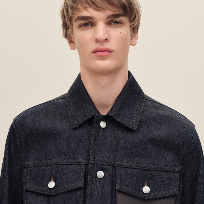 Indigo Straight Cut Jacket With Leather Detail