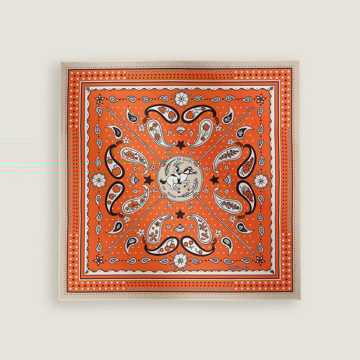 Hermès Le Rodeo des Fruits bandana 55 Orange/Mastic/Noir | BagUSeek