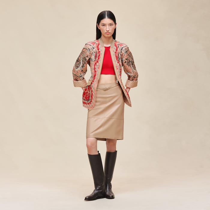 Beige Cajou "Aux Champs En Fleurs Raye" Mixed Leather Mat Equestrian Jacket