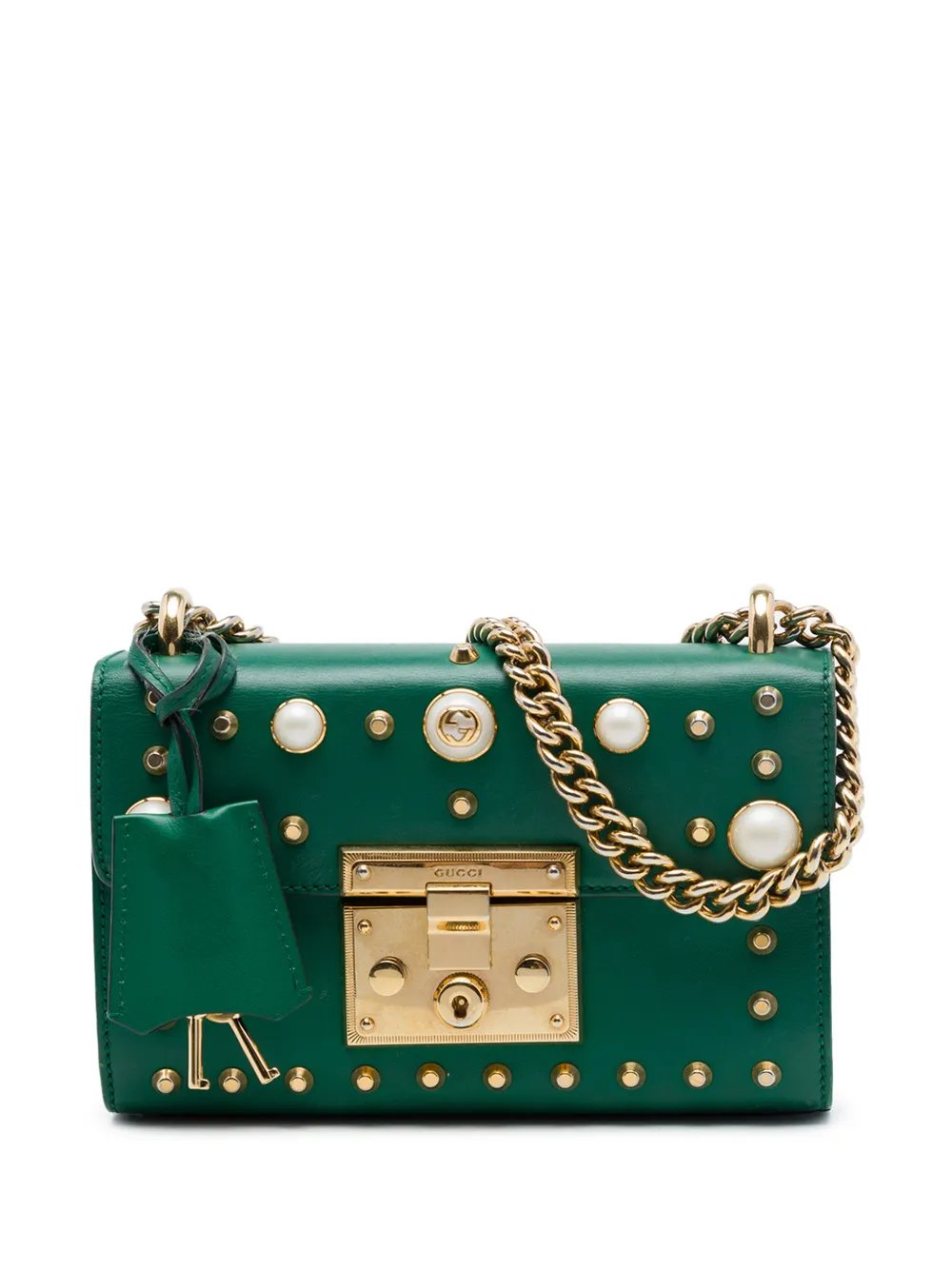 2016-2026 Small Pearl Studded Leather Padlock crossbody bag