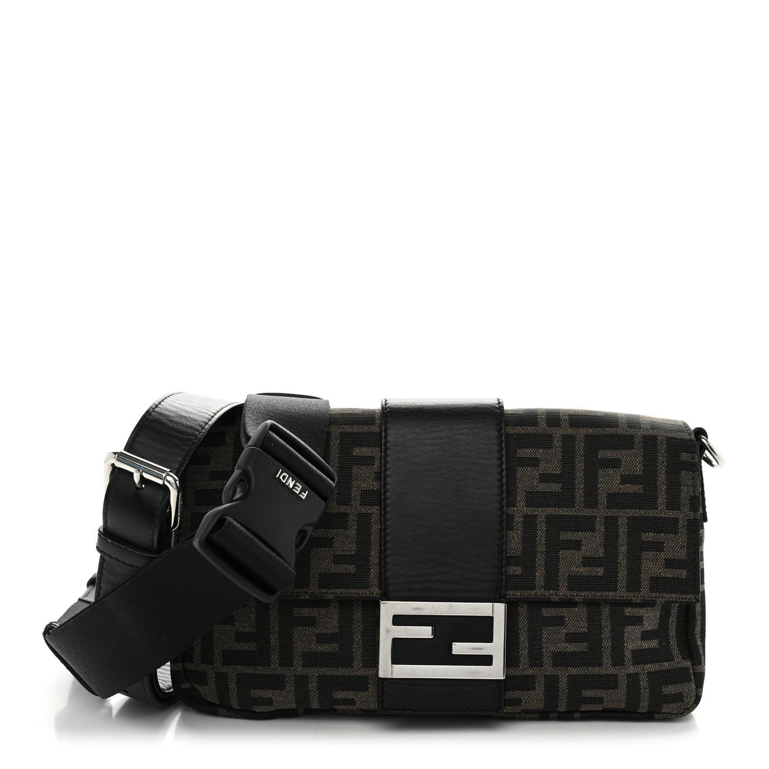 Fendi Fabric Jacquard FF 1974 Belt Baguette Bag Tobacco Moro Black