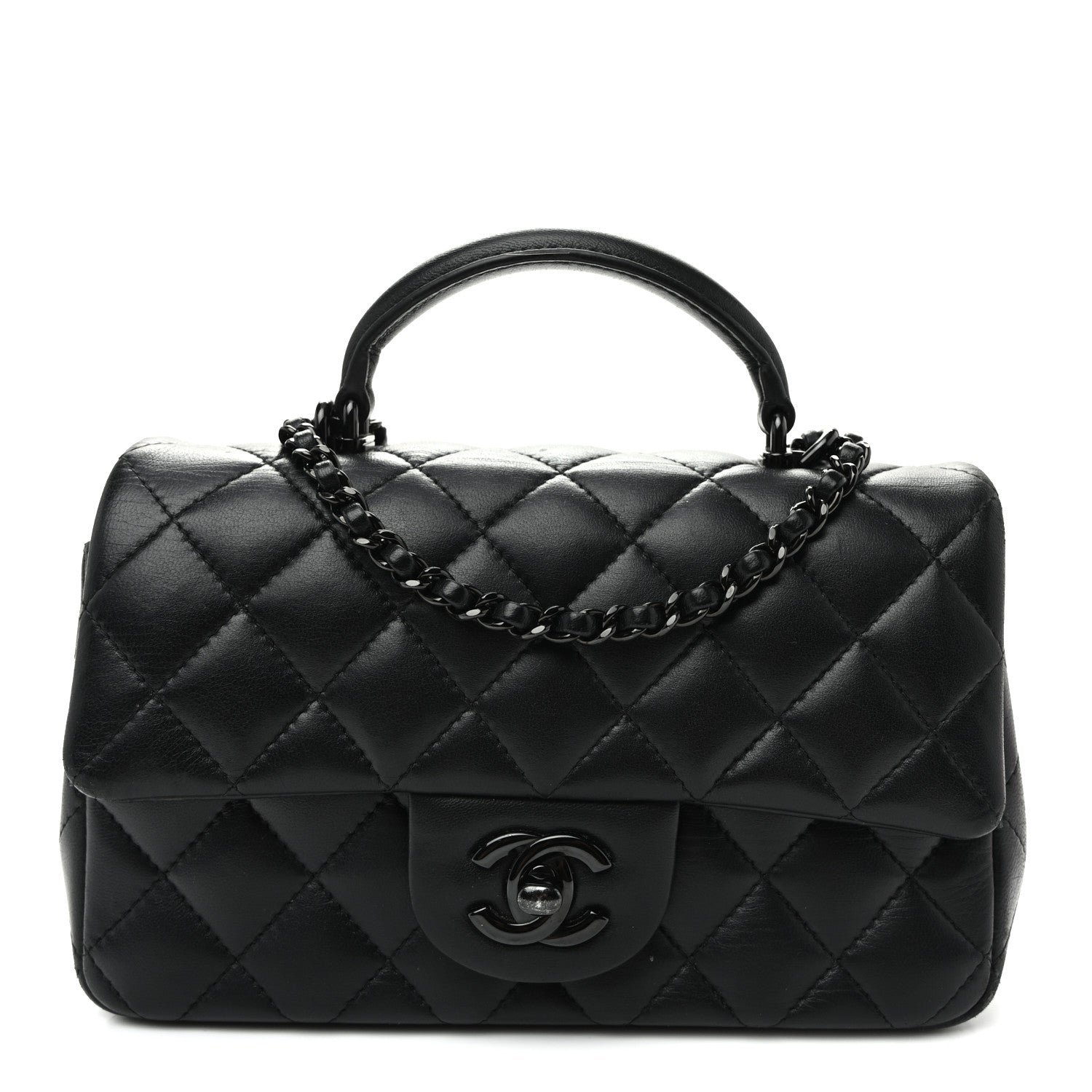 Chanel Lambskin Quilted Mini Top Handle Rectangular Flap So Black