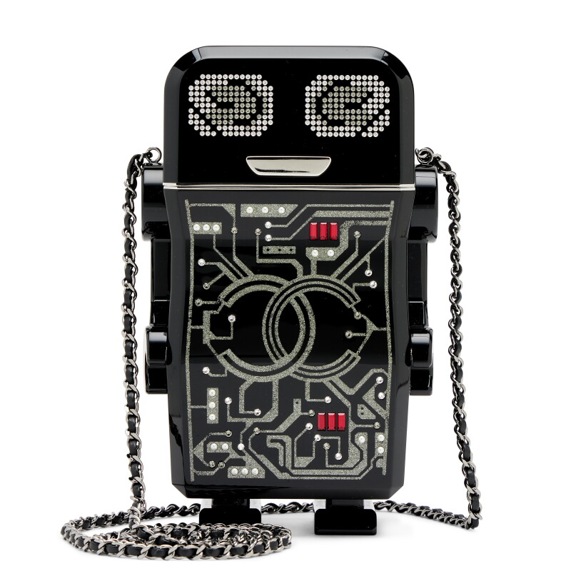Black, Silver and Red Plexiglass and Strass Robot Minaudière Ruthenium and Gold Hardware, 2017