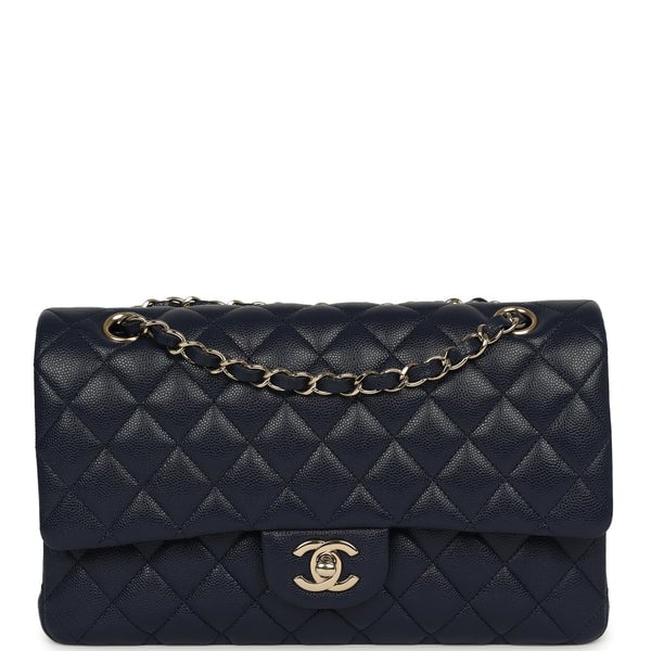 Chanel Medium Classic Double Flap Bag Navy Blue Shiny Caviar Light Gold Hardware