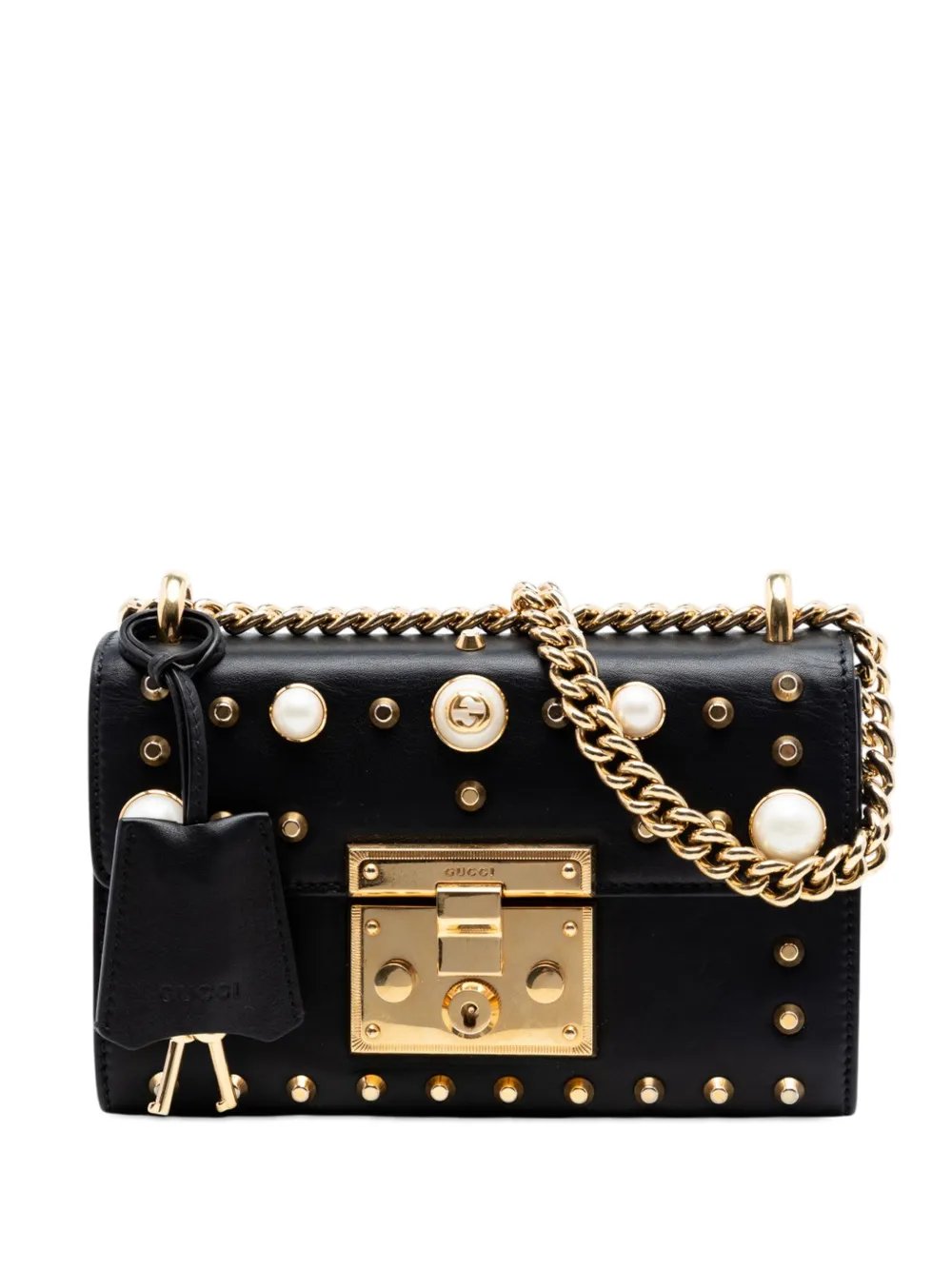 2016-2026 Small Pearl Studded Leather Padlock crossbody bag
