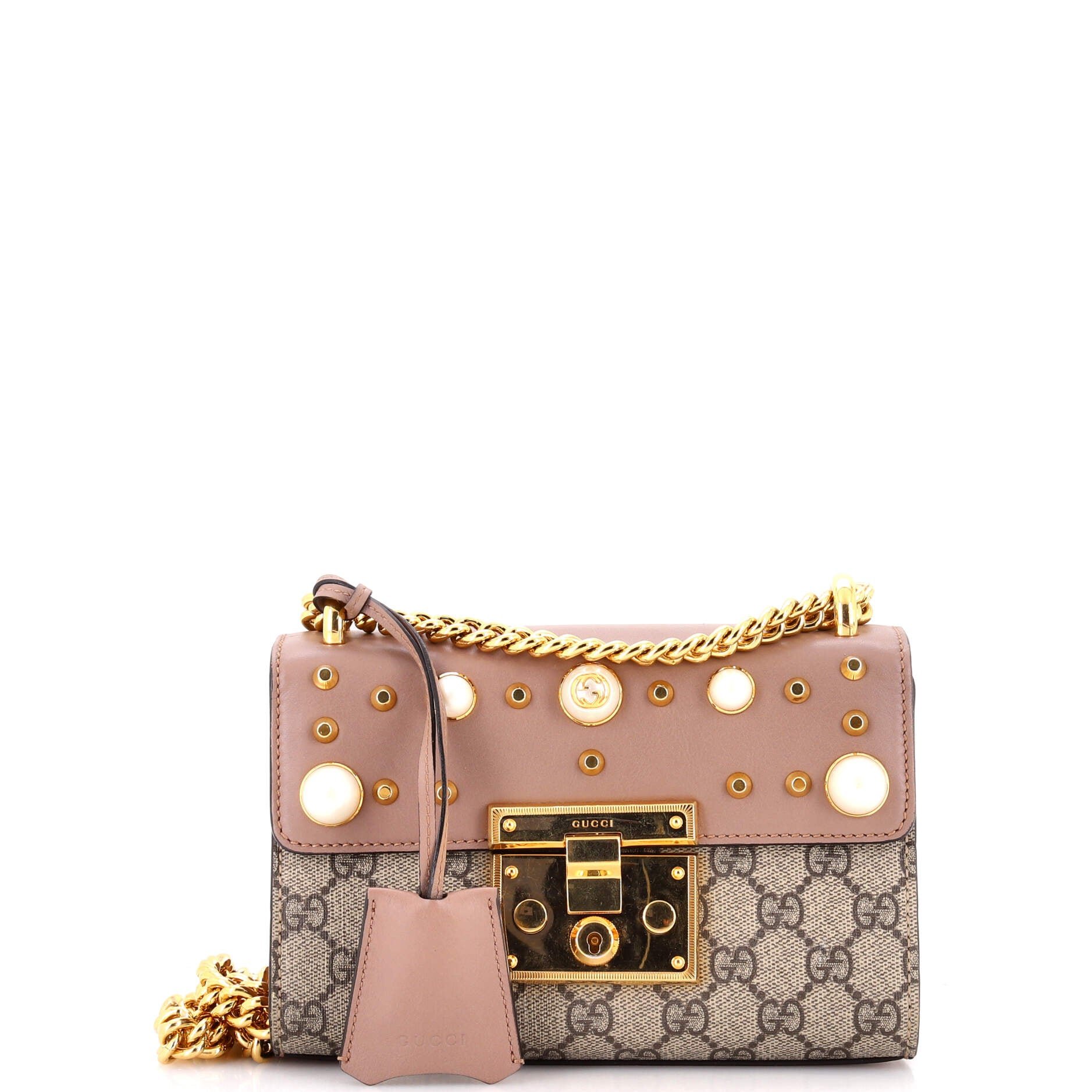 Pearly Padlock Shoulder Bag GG Coated Canvas with Studded Leather Small