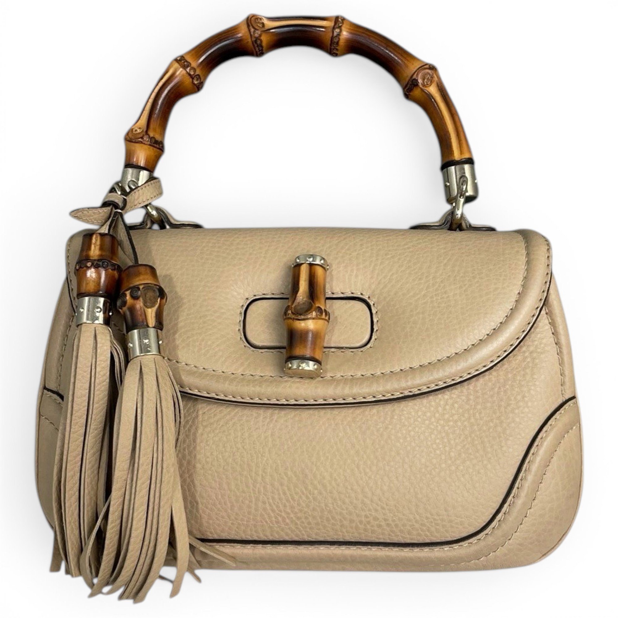 Convertible Pompon Bamboo Top Handle leather handbag