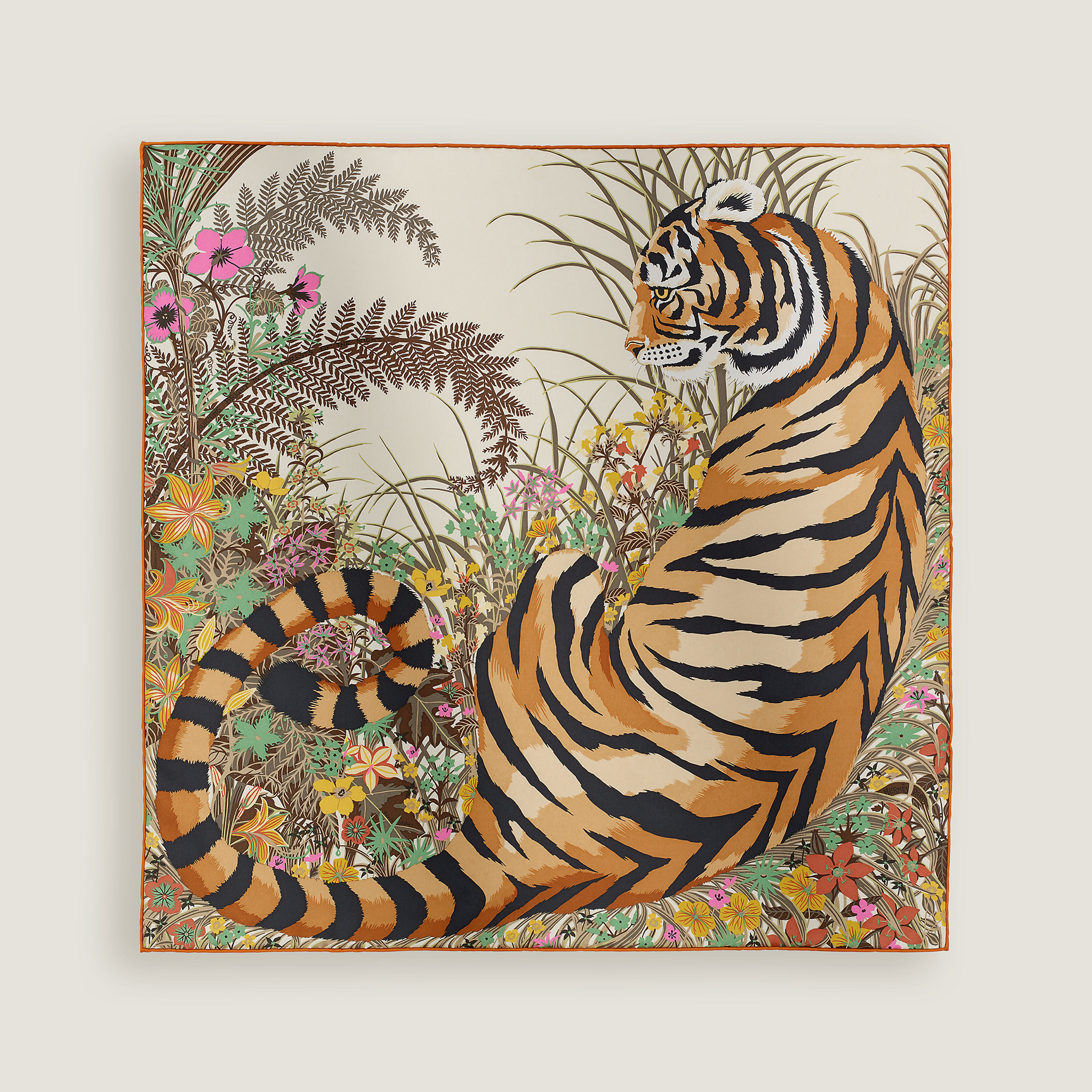 エルメス　カレ70 タイガータイガー Hermès カレ 70 《タイガー・タイガー》 ベージュ・ドレ/オランジュ