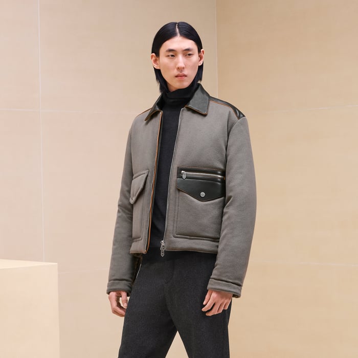 Straight cut jacket with leather detail