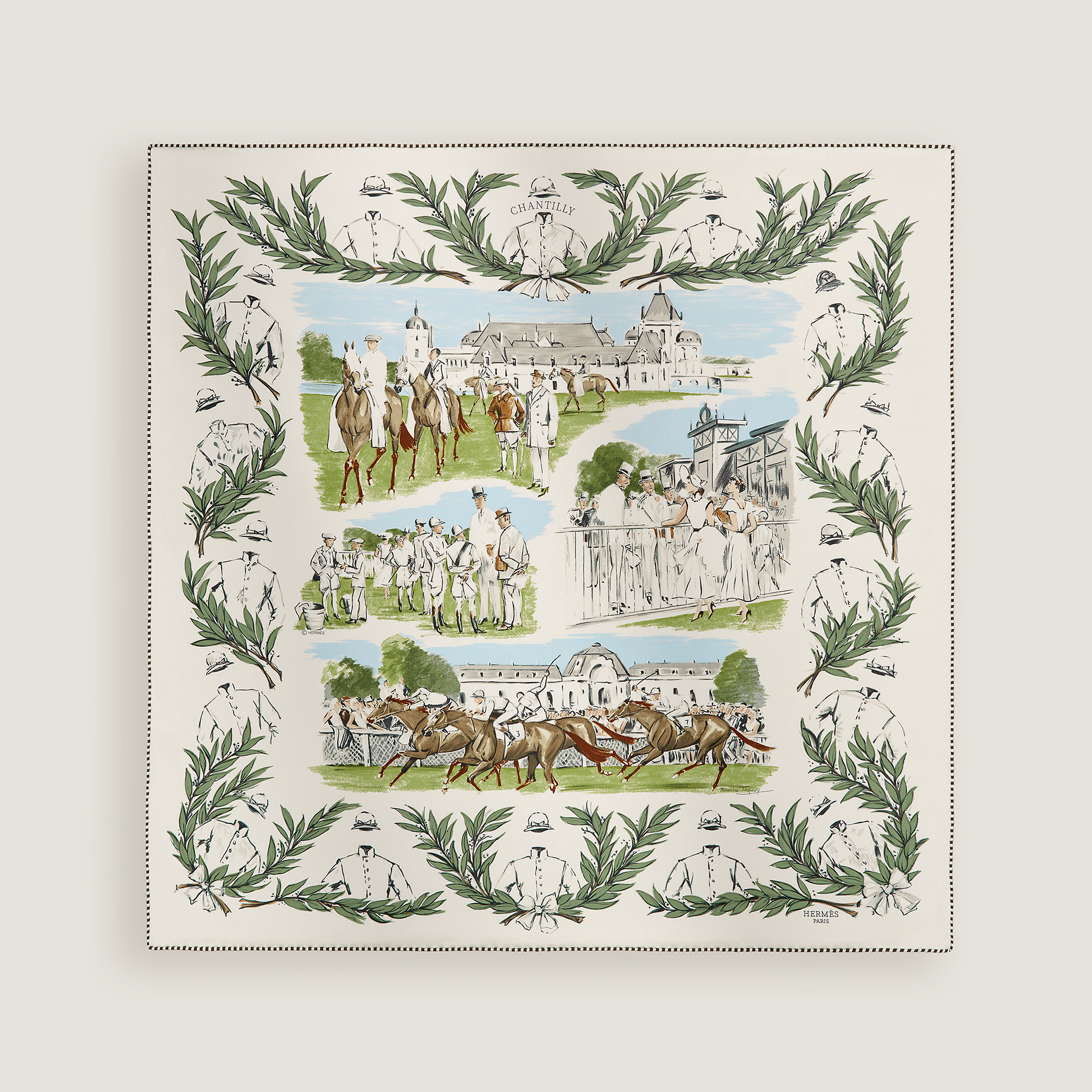 Hermès Champ de Courses a Chantilly scarf 70 Blanc/Vert Loden/Bleu