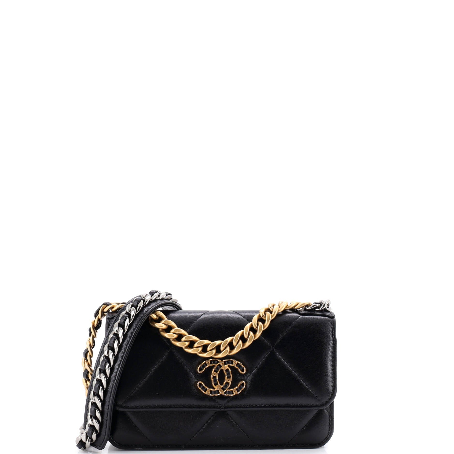 19 Flap Phone Holder with Chain Quilted Lambskin