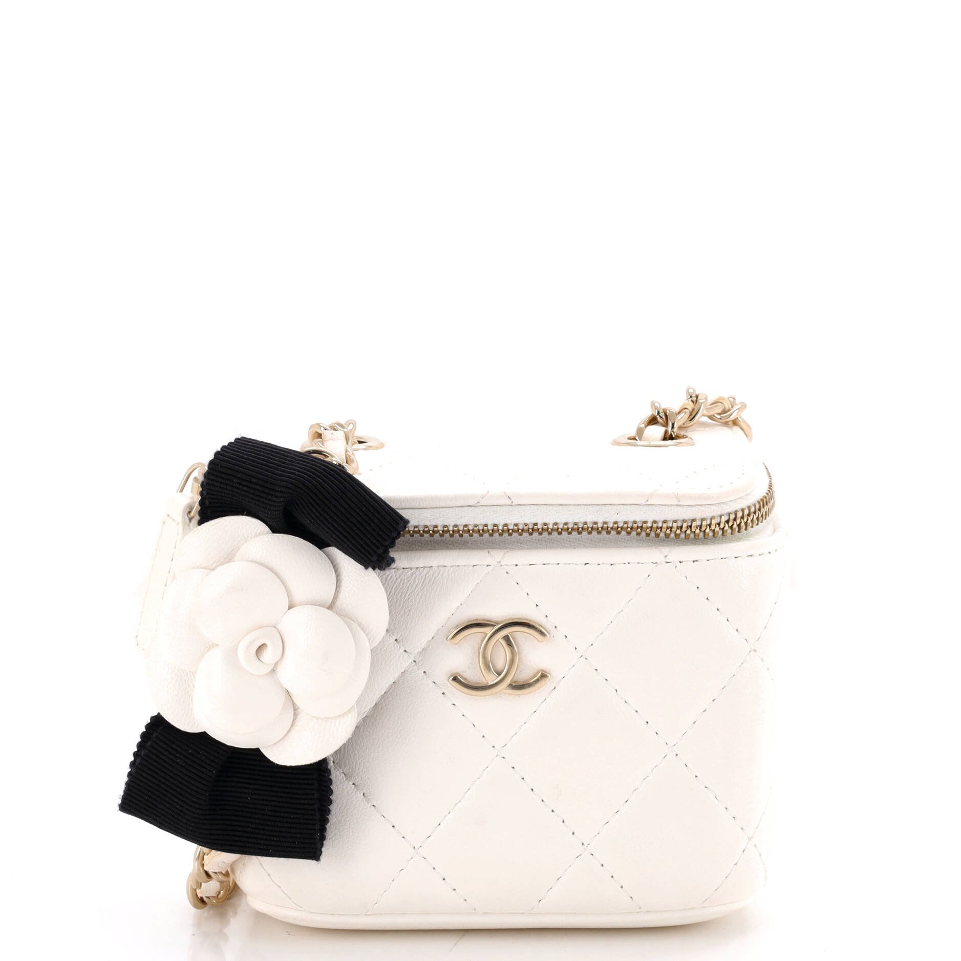 Camellia Bow Vanity Case with Chain Quilted Lambskin Mini