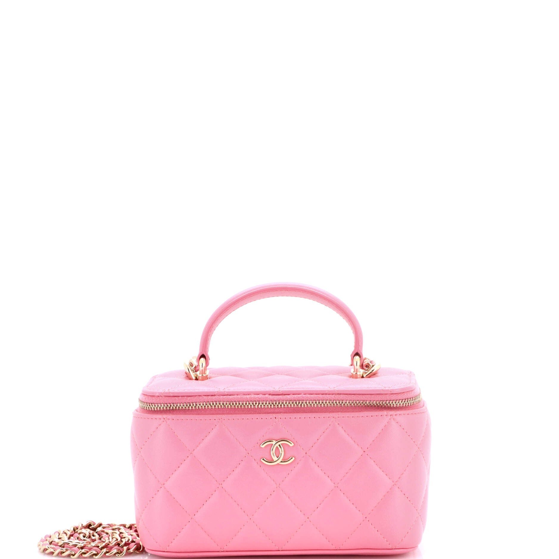 Classic Top Handle Vanity Case with Chain Quilted Lambskin Small