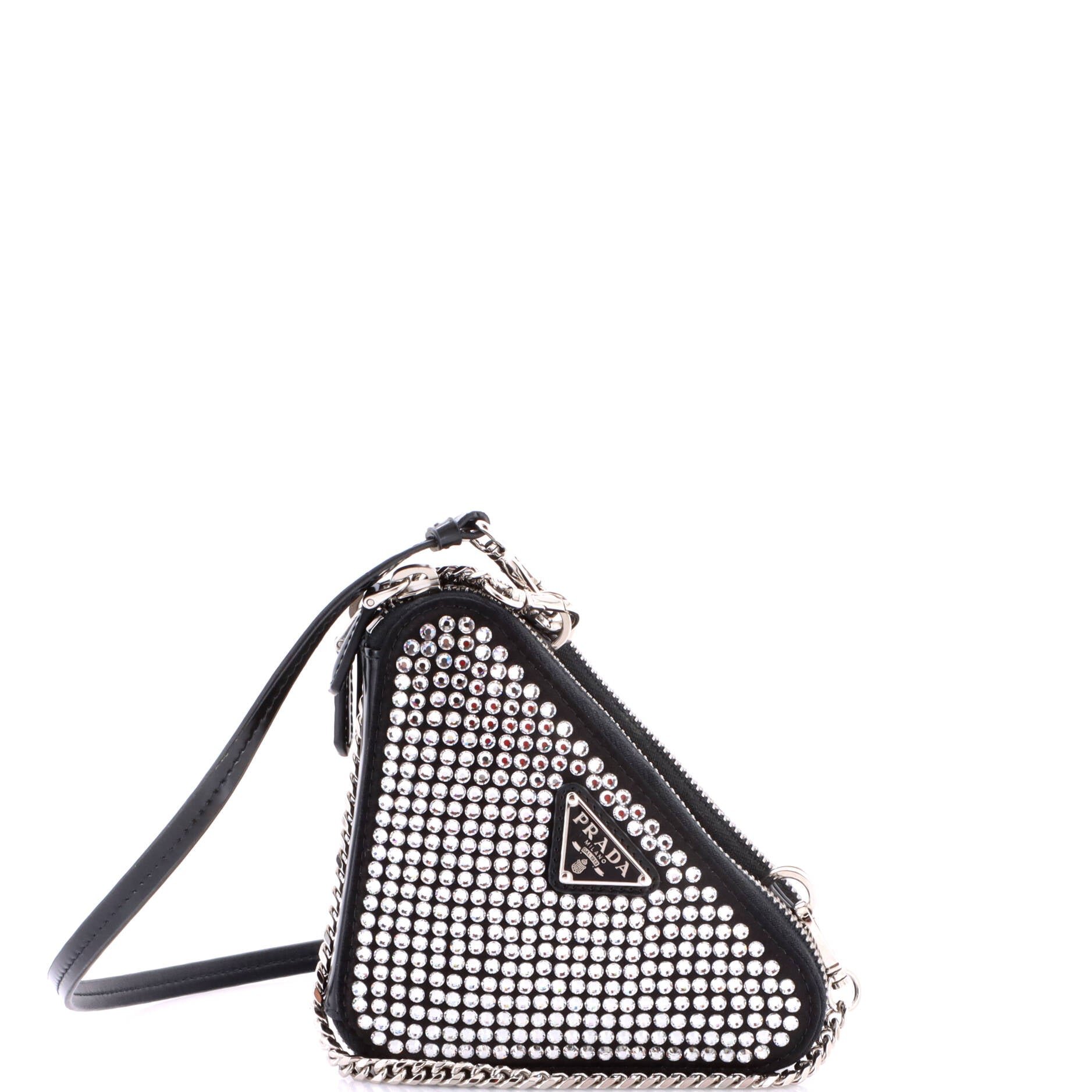 Triangle Double Pouch Crossbody Crystal Embellished Satin Mini