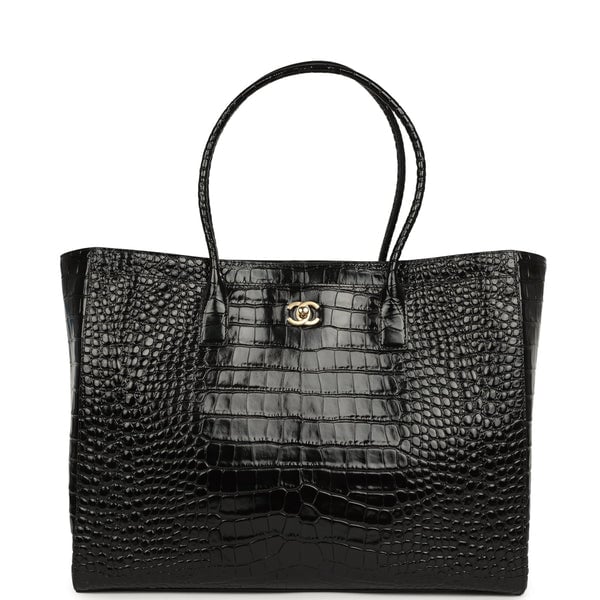 Chanel Large Cerf Shopping Bag Black Croc Embossed Calfskin Gold Hardware