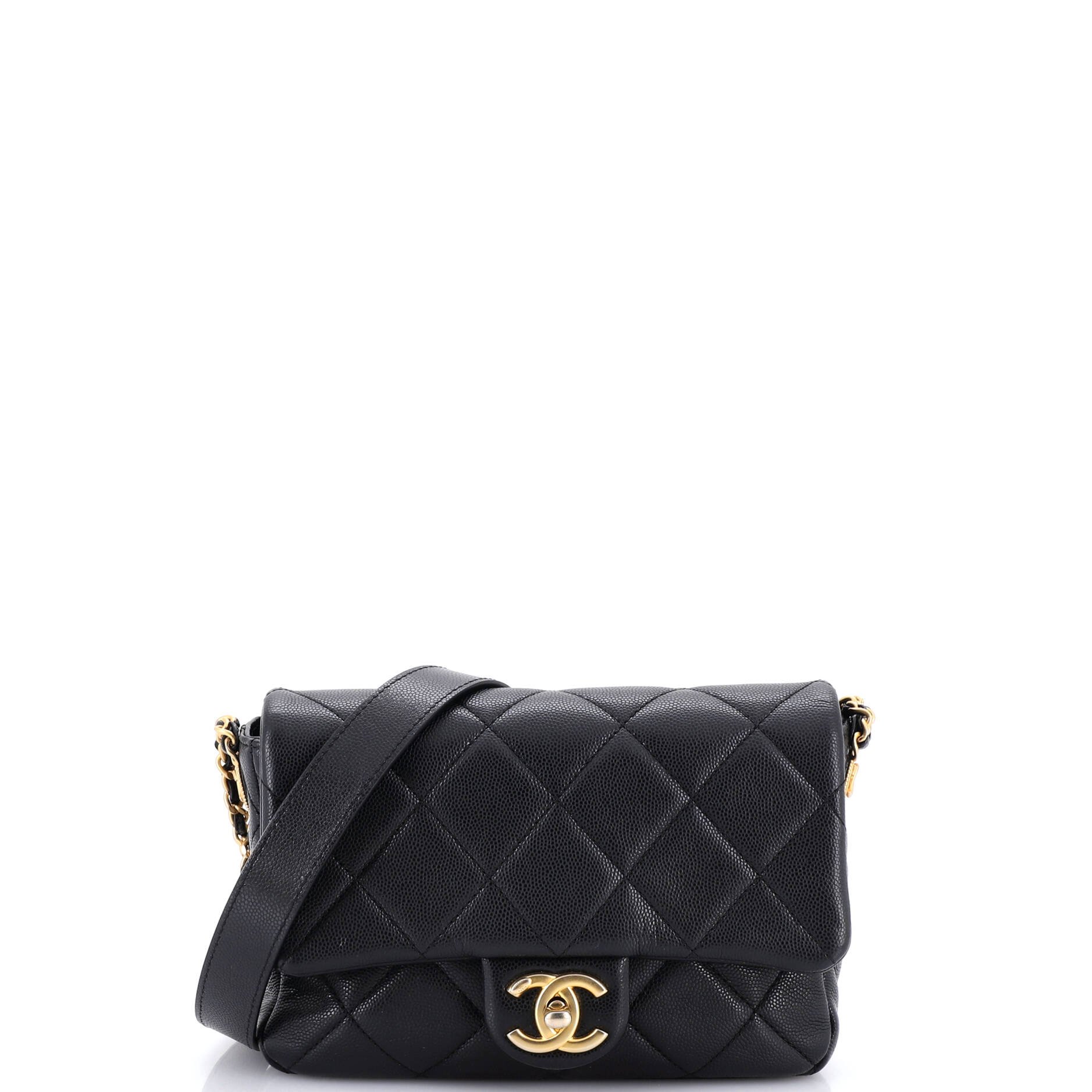 Twist Your Buttons Flap Bag Quilted Caviar Small