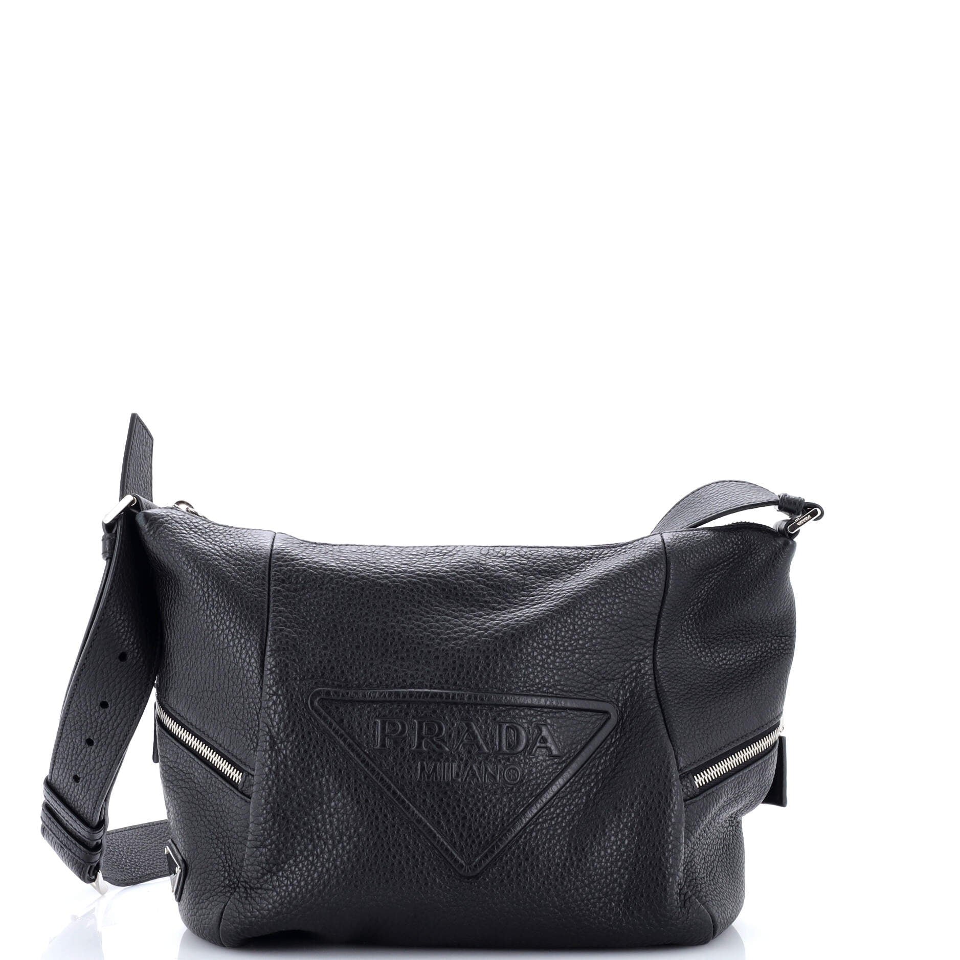 Triangle Logo Embossed Side Zip Shoulder Bag Vitello Daino
