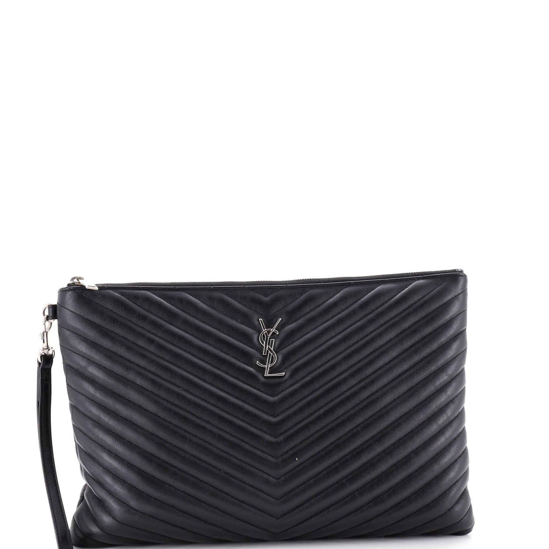 Classic Monogram Wristlet Pouch Matelasse Chevron Leather Large