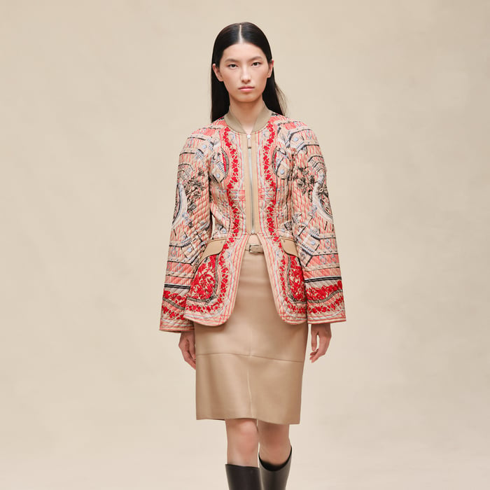Beige Cajou "Aux Champs En Fleurs Raye" Mixed Leather Mat Equestrian Jacket
