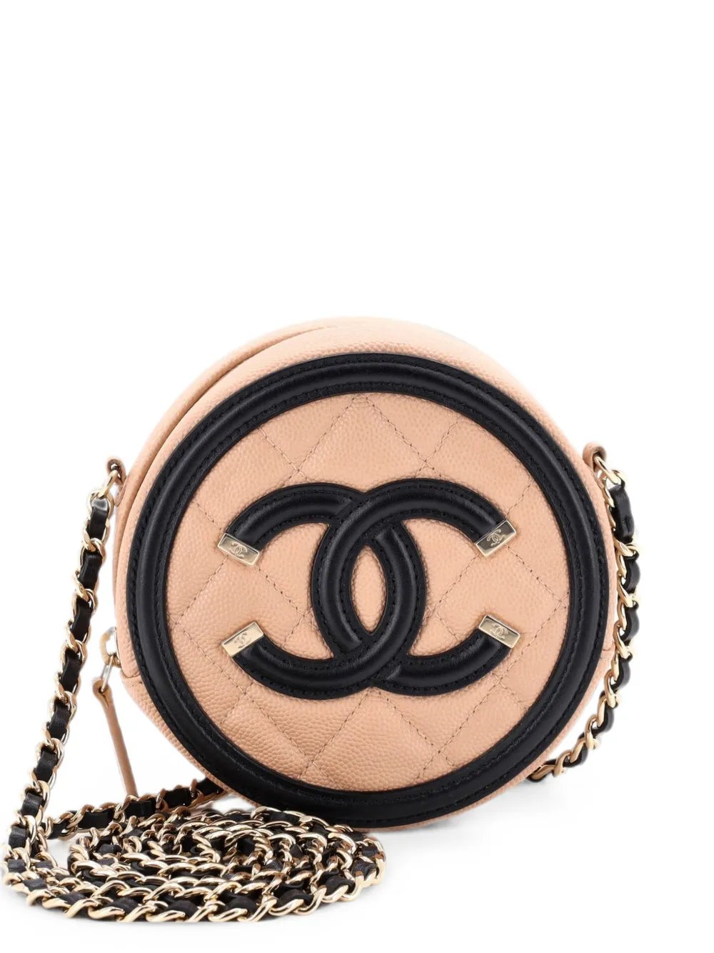 Filigree Round Clutch with Chain Quilted Caviar Mini crossbody bag