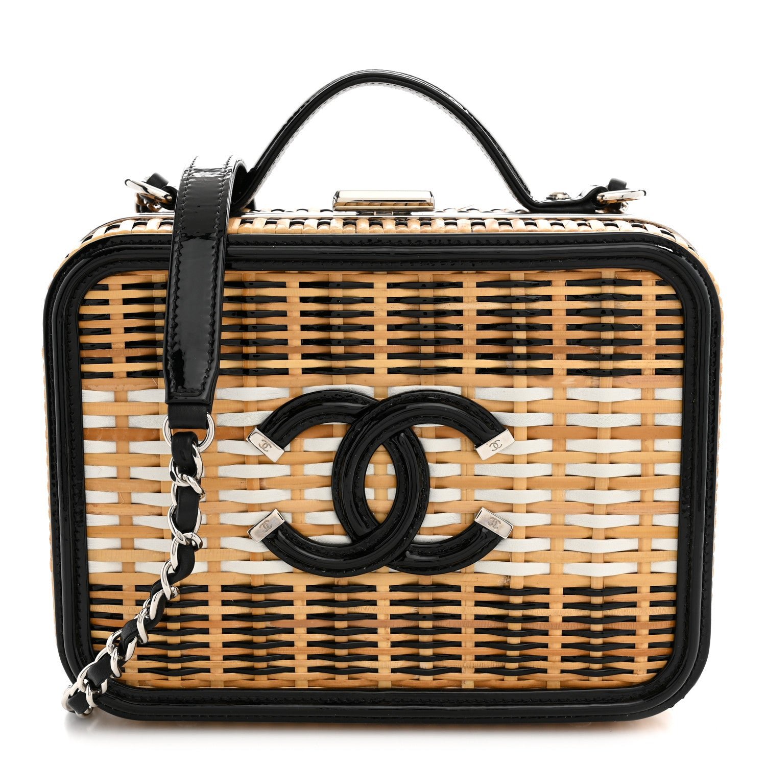 Chanel Raffia Patent Medium CC Filigree Vanity Case Black