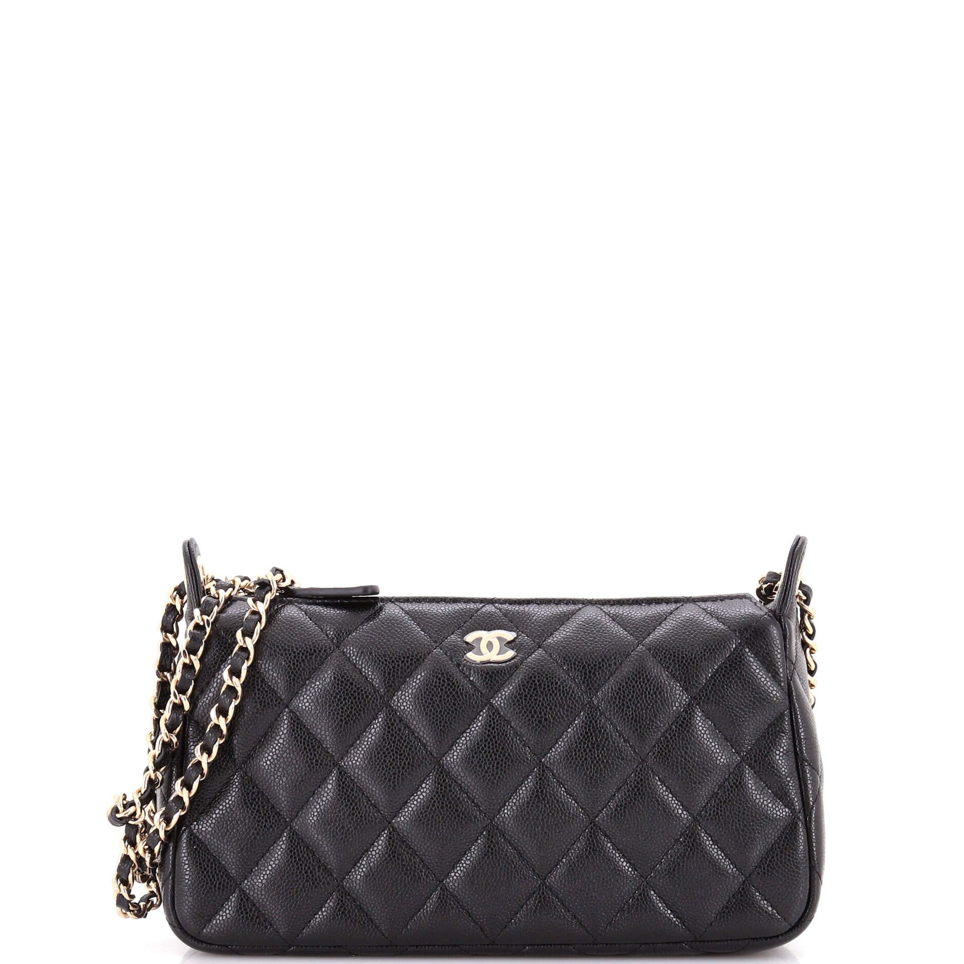 CC Double Chain Zip Clutch with Chain Quilted Caviar Small