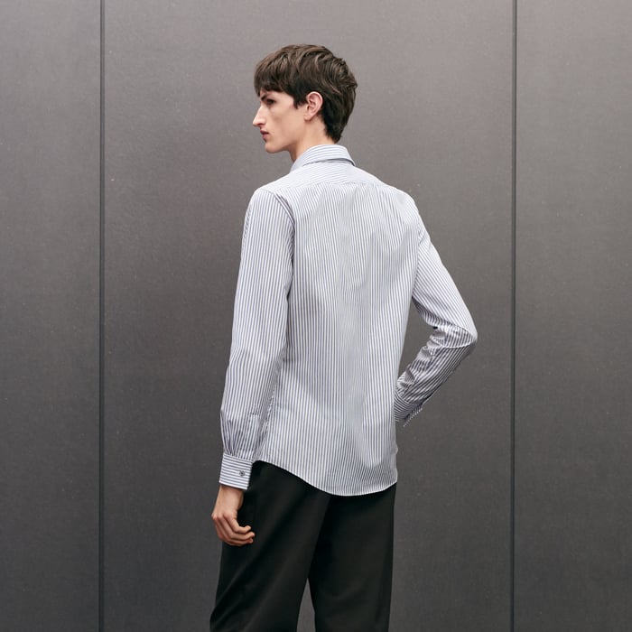 Bleu "Rayures Rythmees" Fitted Shirt With Faubourg Collar