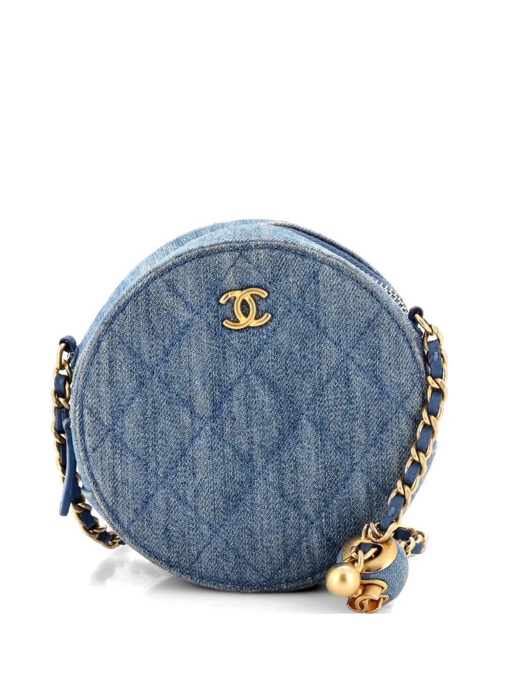 Pearl Crush Round Clutch with Chain Quilted Denim shoulder bag