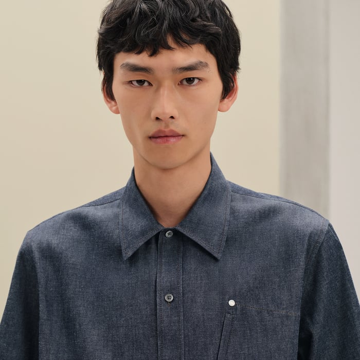 Indigo Short-sleeve Straight Cut Denim Shirt With Detail