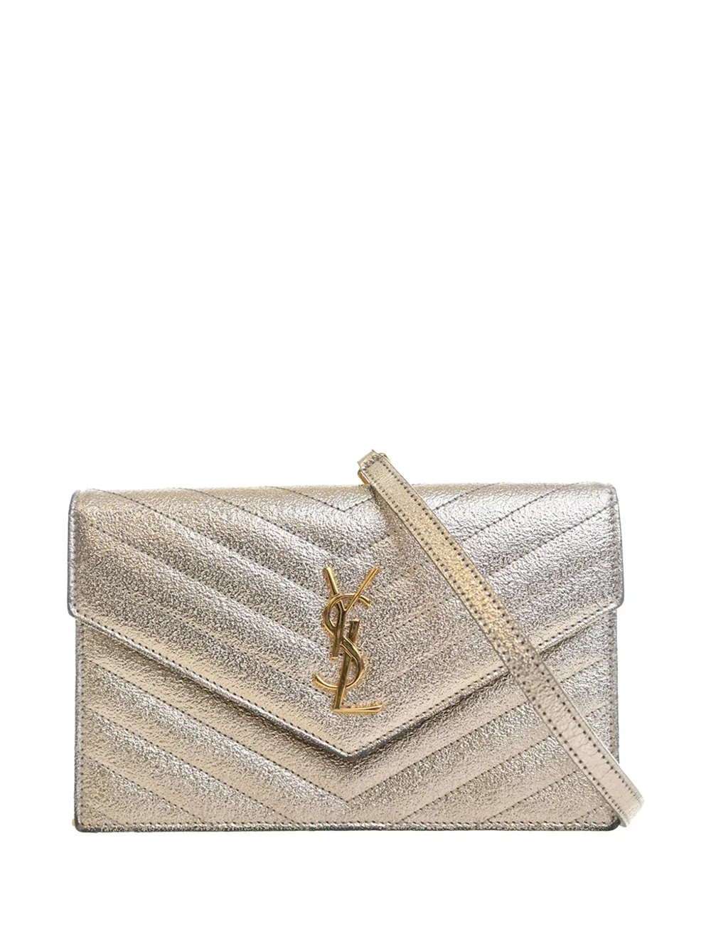 2017 Metallic Crackled Chevron Calfskin Monogram Envelope Chain Wallet crossbody bag