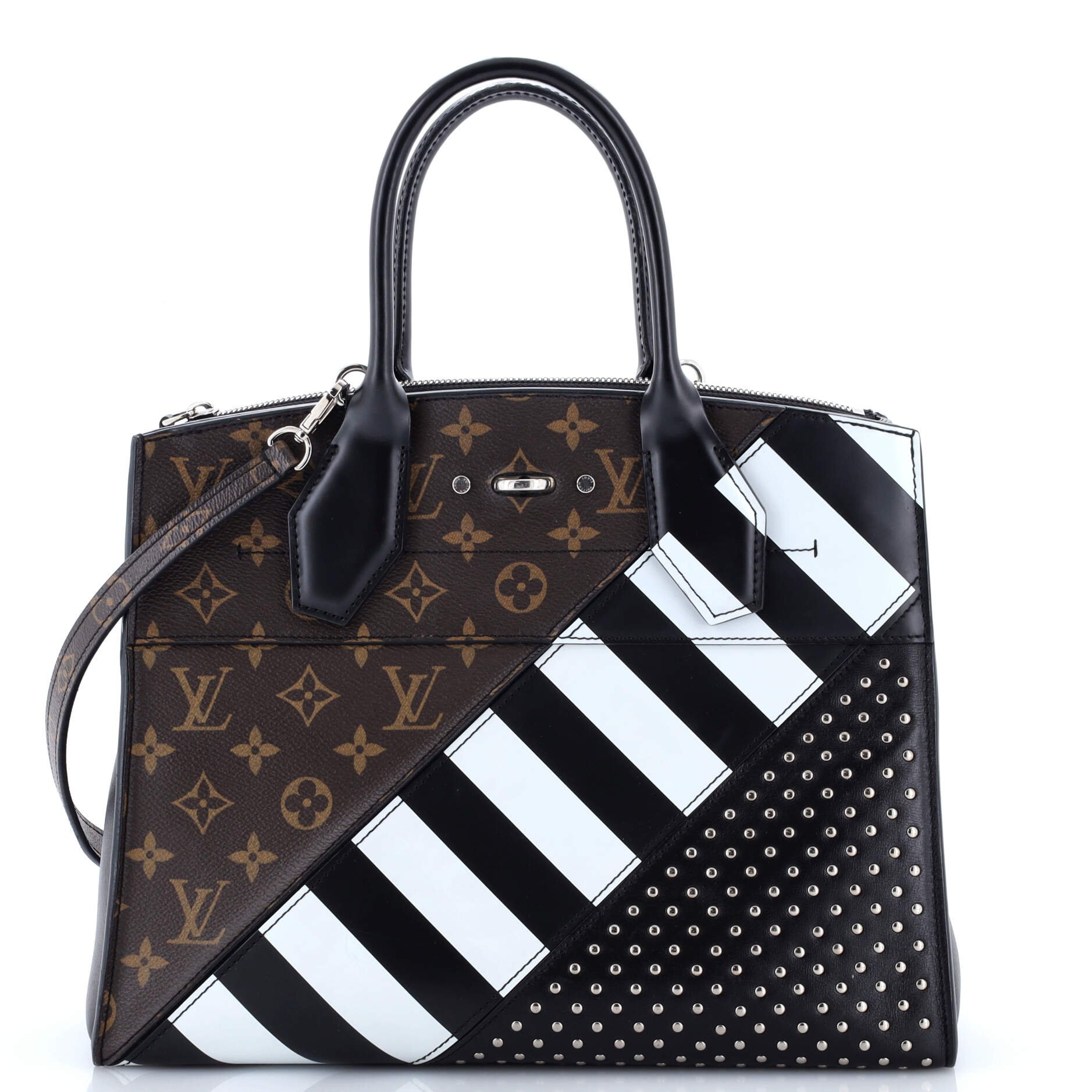 Louis Vuitton City Steamer Handbag Studded Leather and Monogram Canvas MM