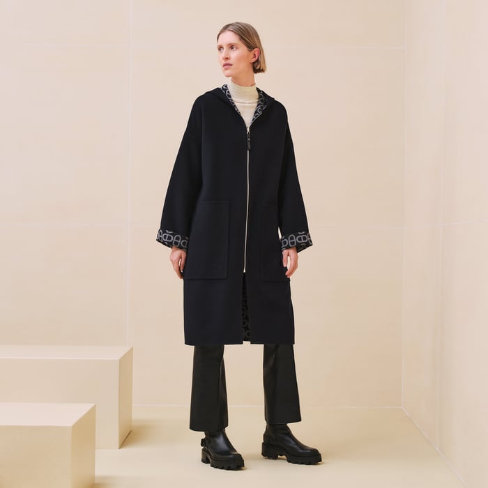 Hooded reversible duffle-coat