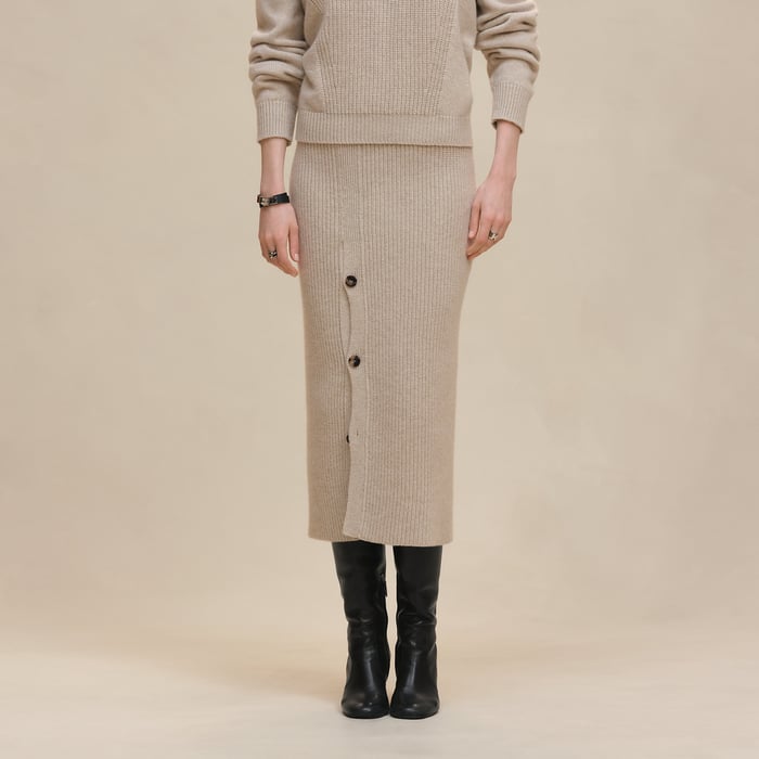 Beige Naturel Buttoned Mid-length Skirt With Slit
