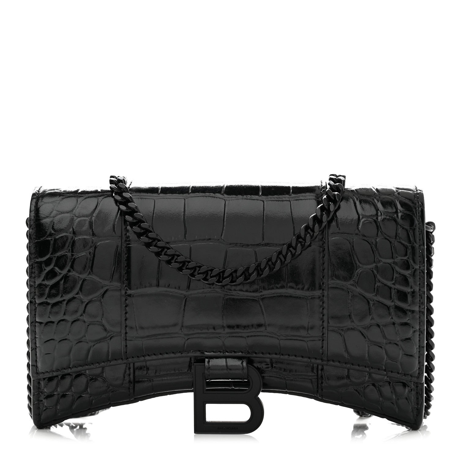 Balenciaga Shiny Calfskin Monochrome Crocodile Embossed Hourglass Chain Bag Black