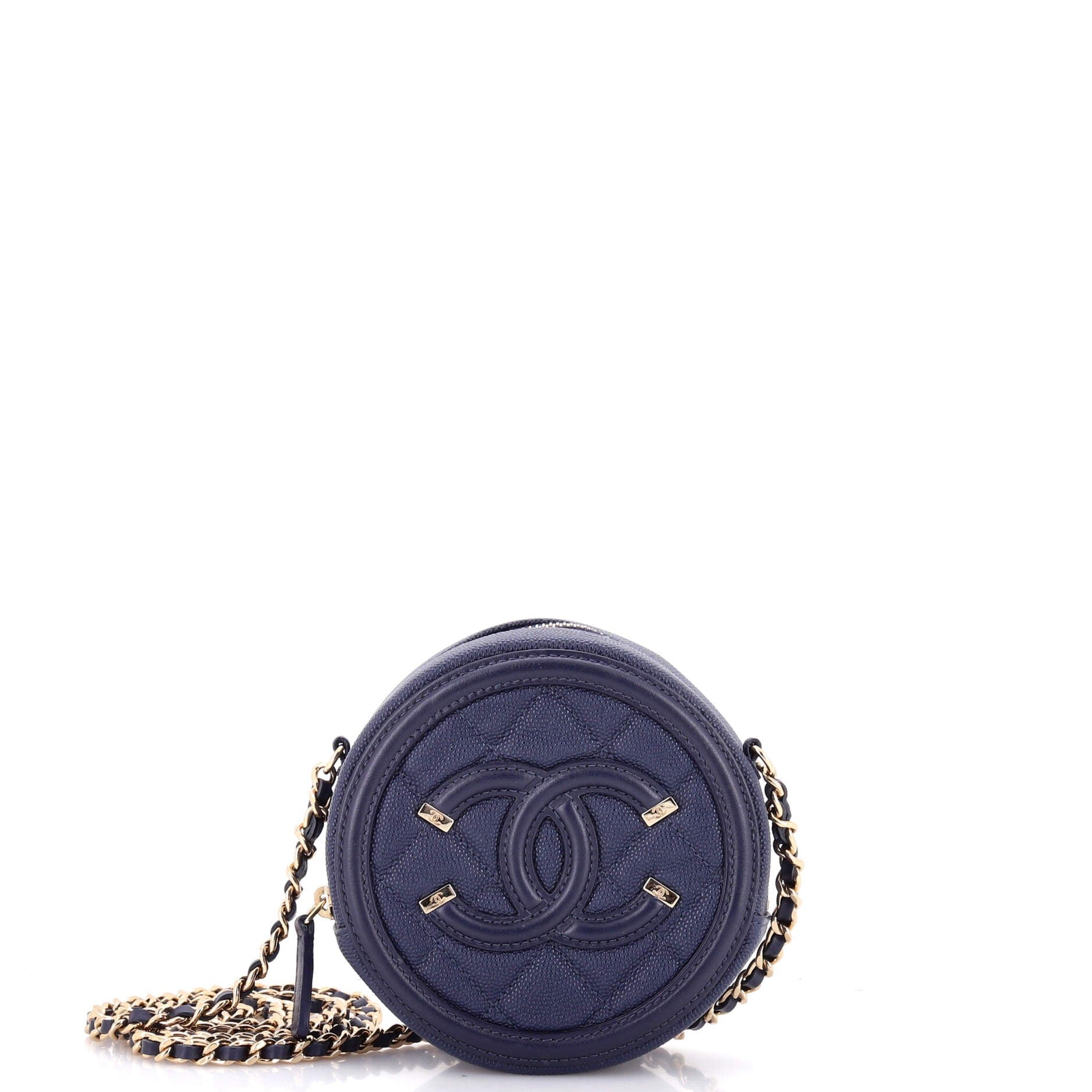 Filigree Round Clutch with Chain Quilted Caviar Mini